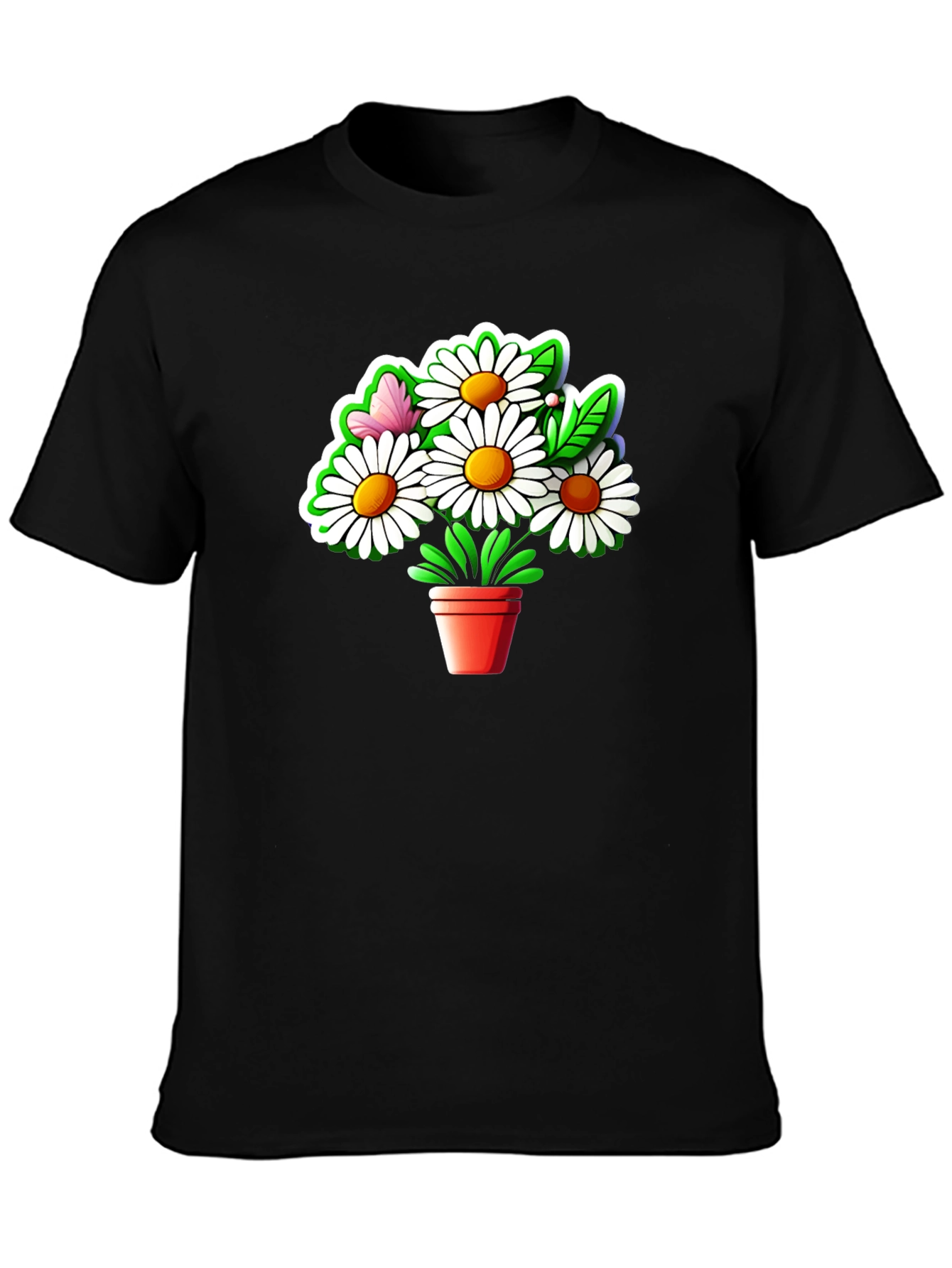 Black Daisy Flower Pot Graphic Tee - Black Cotton Casual T-Shirt view 3