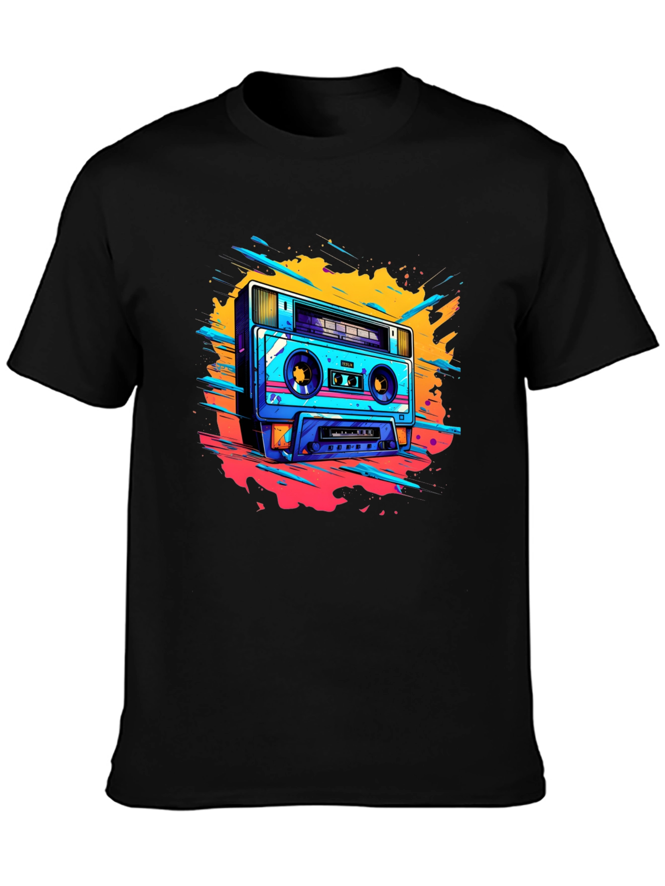 Black Retro Boombox Graphic Tee - Black Cotton T-Shirt view 3