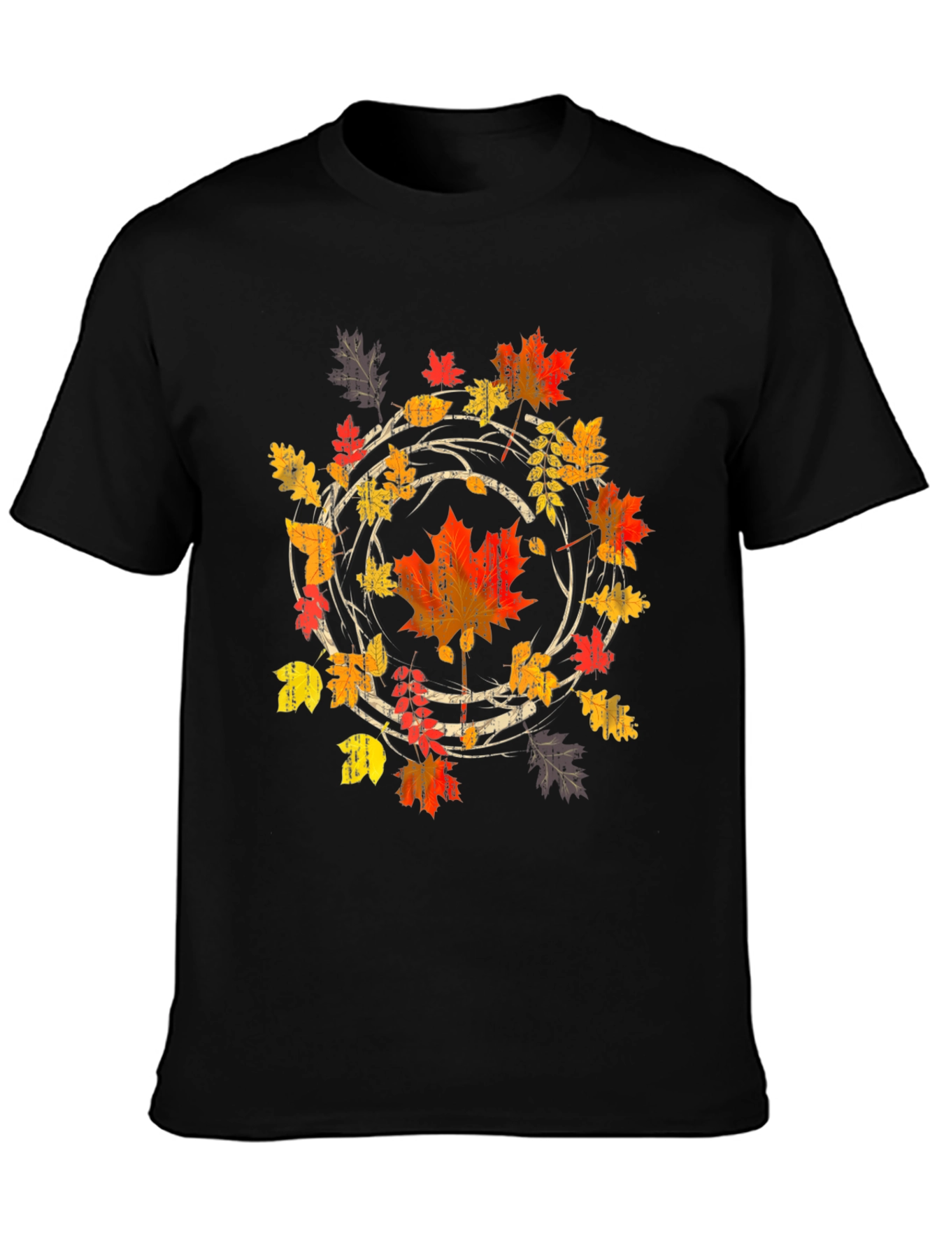 Black Autumn Leaf Circle Graphic Tee - Black Cotton Shirt view 3