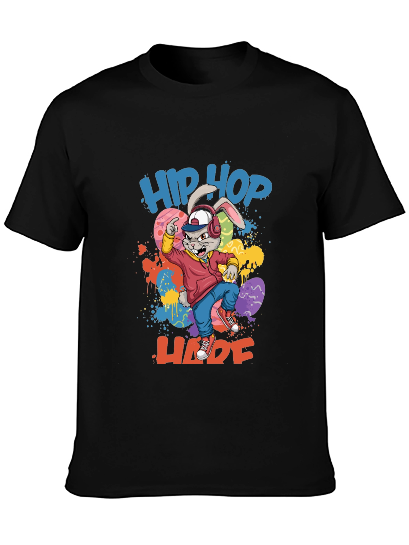 Black Hip Hop Hare Graphic Tee - Cool Bunny T-Shirt view 3