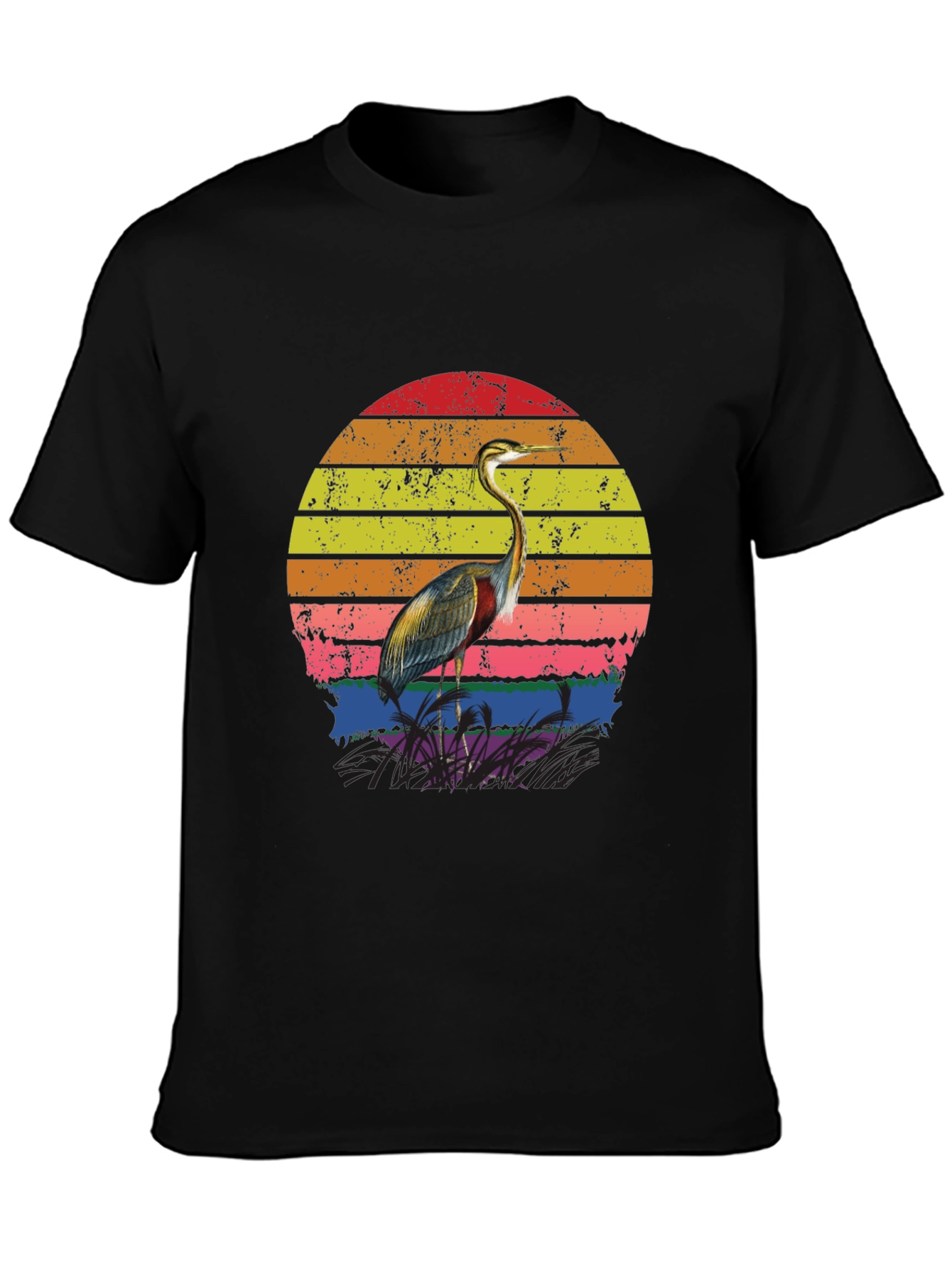 Black Retro Heron Sunset Graphic Tee - Black Cotton Blend view 3