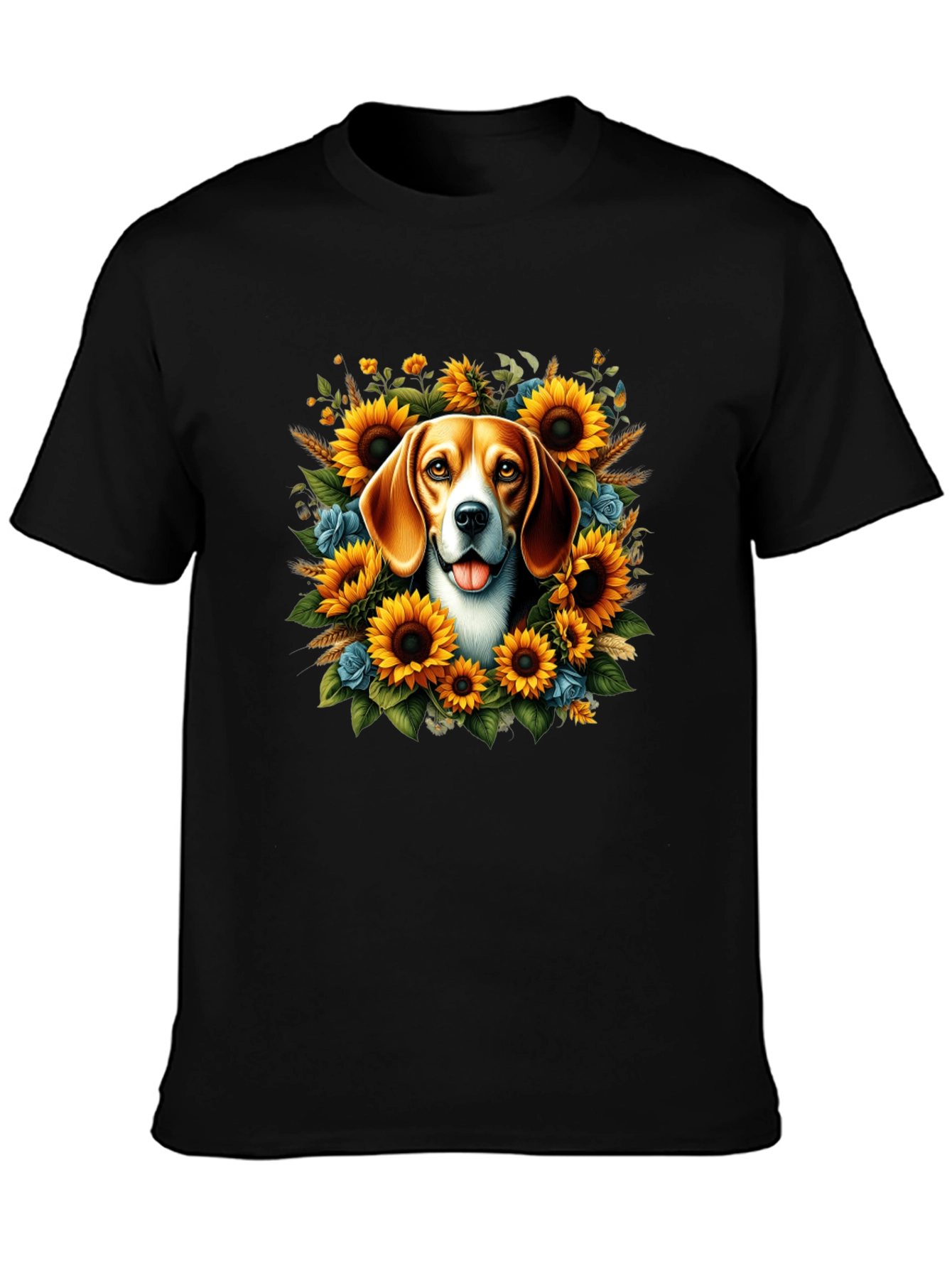 Black Dog Surrounded by Sunflowers Black T-Shirt view 3