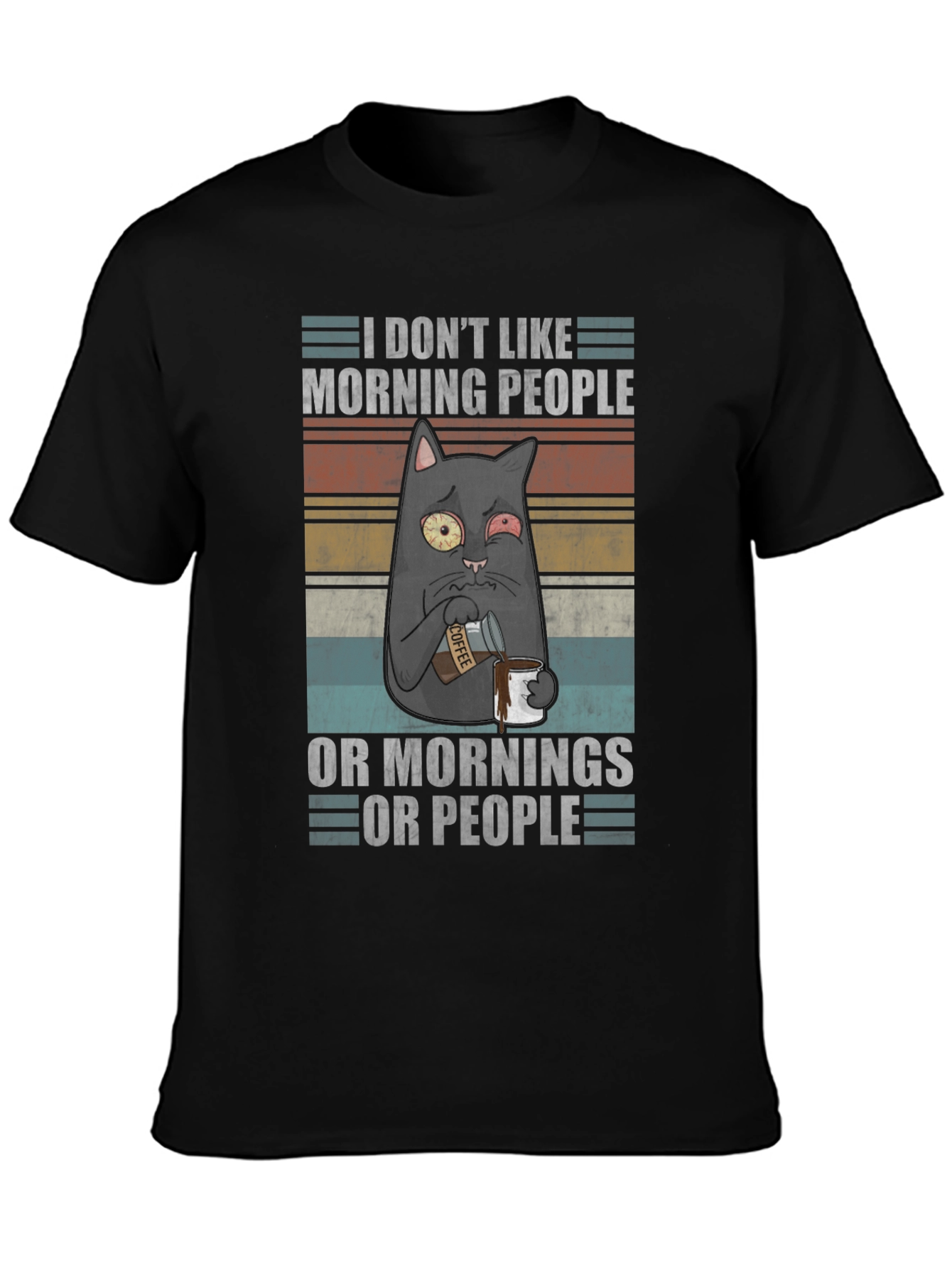 Black Humorous 'I Don't Like Morning People' Cat T-Shirt view 3