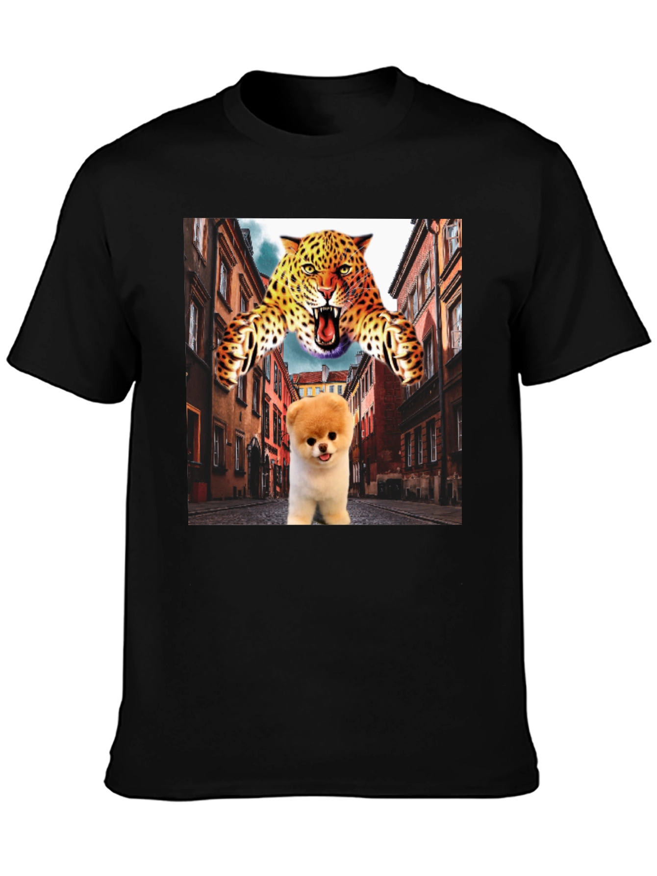 Black Novelty Graphic T-Shirt: Leopard and Pomeranian Design view 3