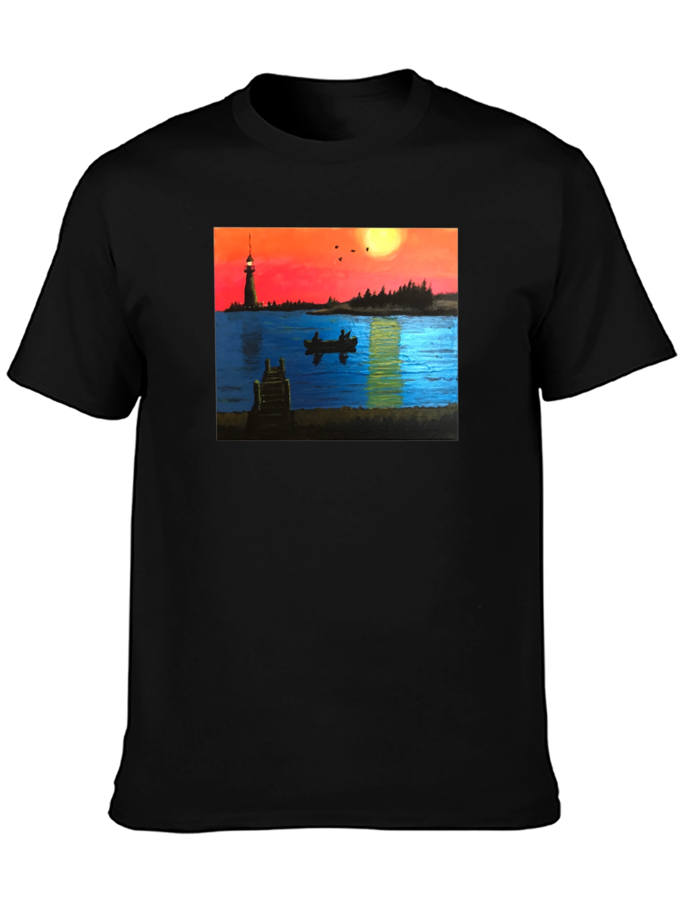 Black Sunset Lake Lighthouse Graphic Tee view 3