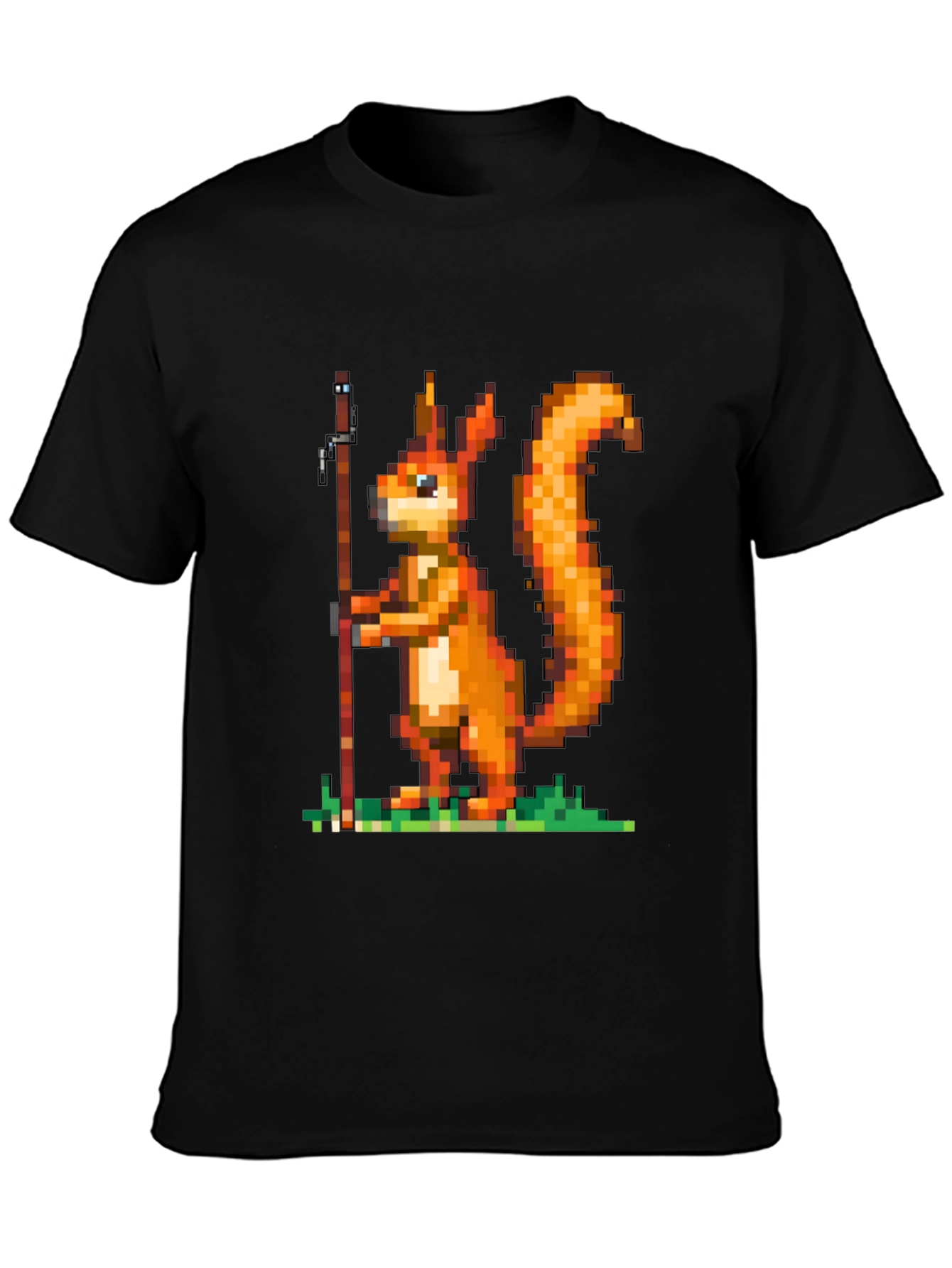 Black Pixel Squirrel Fishing T-Shirt - Black Cotton Tee view 3