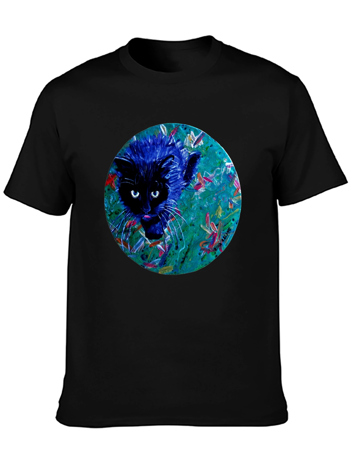 Black Abstract Cat Graphic Tee - Black Cotton T-Shirt view 3