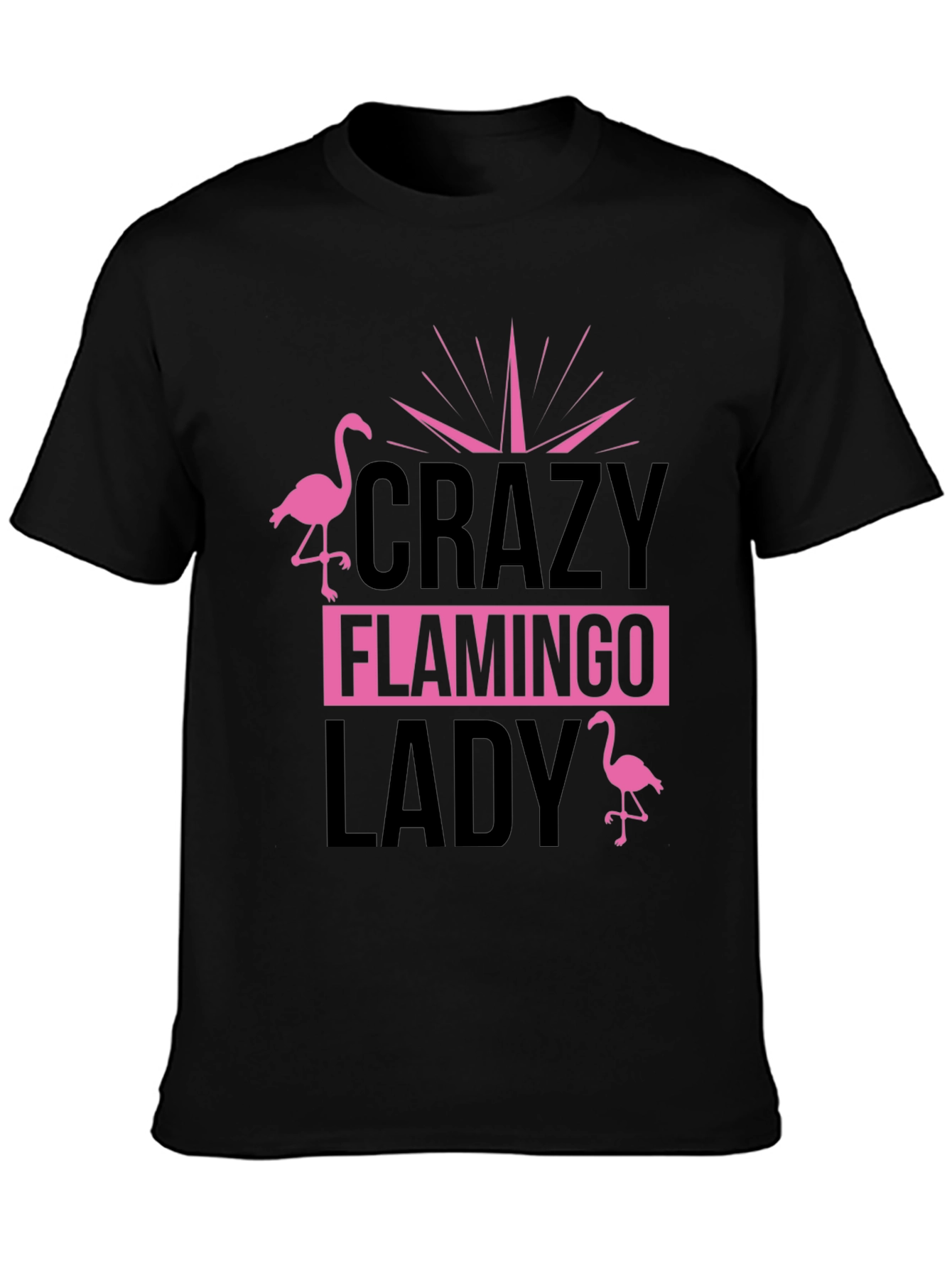 Black Crazy Flamingo Lady T-Shirt - Black Cotton Tee view 3