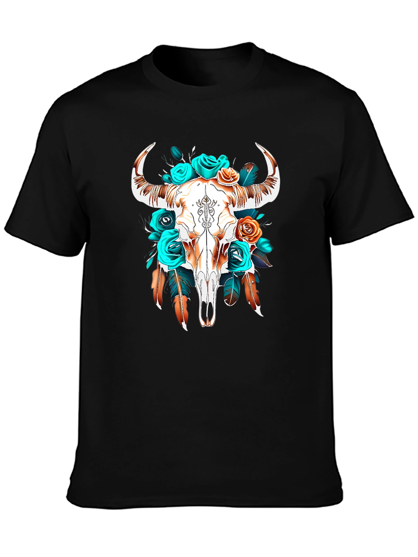 Black Boho Bull Skull Graphic Tee view 3