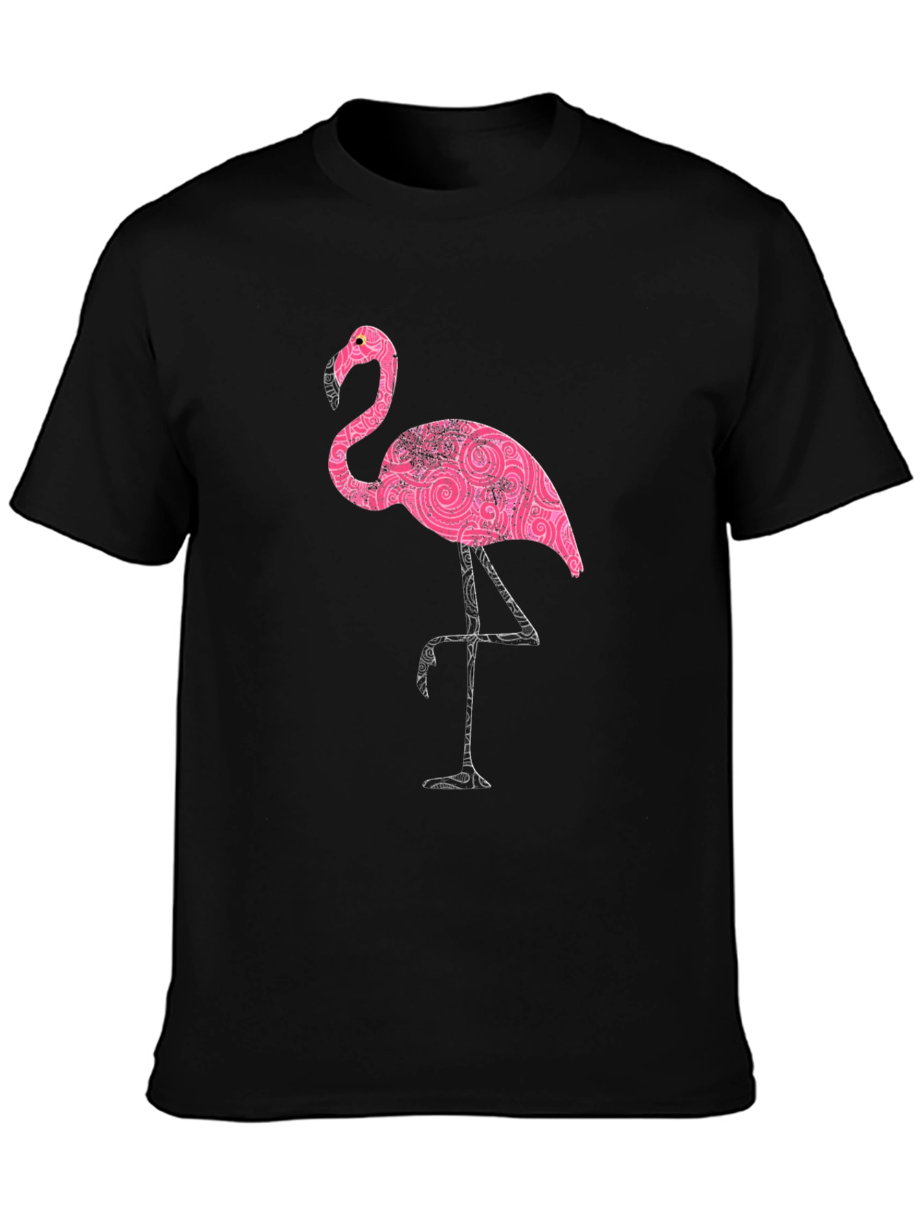 Black Pink Flamingo Print Black T-Shirt view 3