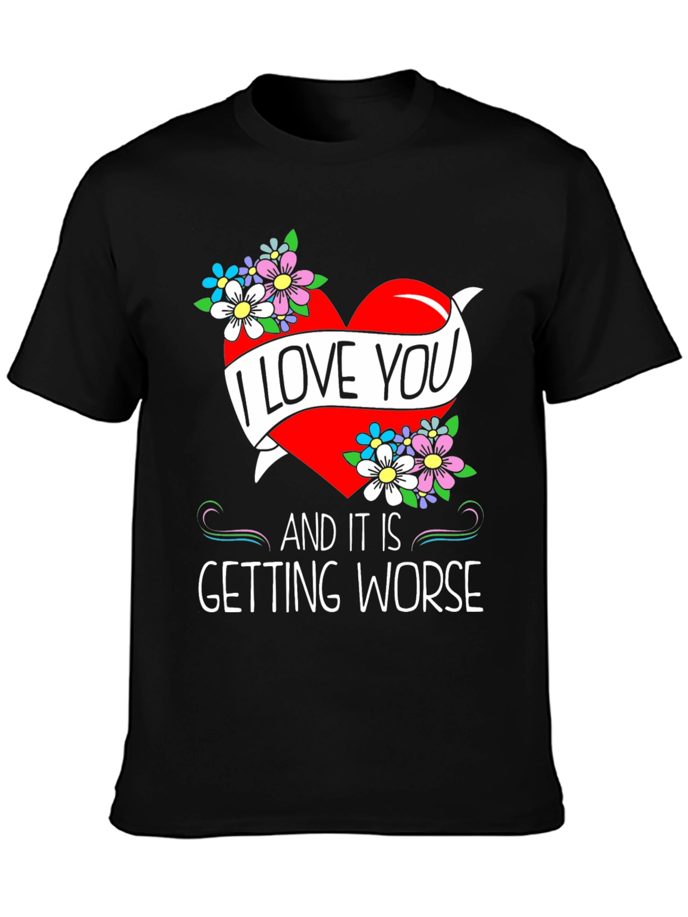 Black I Love You Graphic Tee - Novelty Heart & Flowers Design view 3