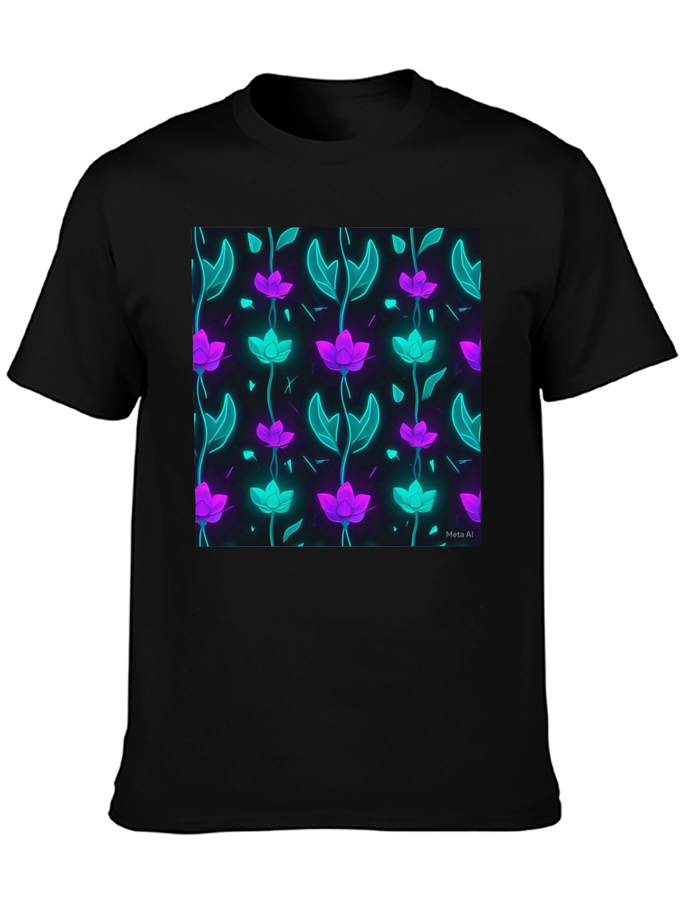 Black Neon Floral Pattern Tee - Modern Graphic Print Shirt view 3
