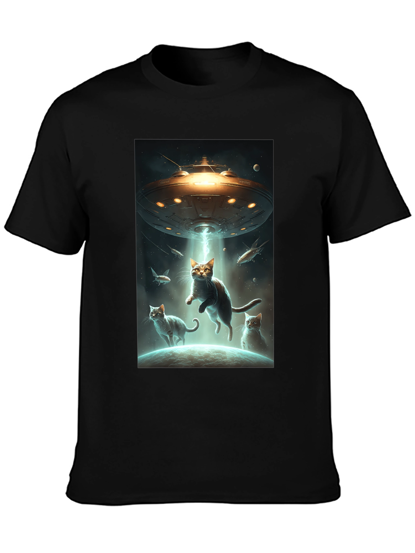 Black UFO Cat Abduction Graphic Tee view 3