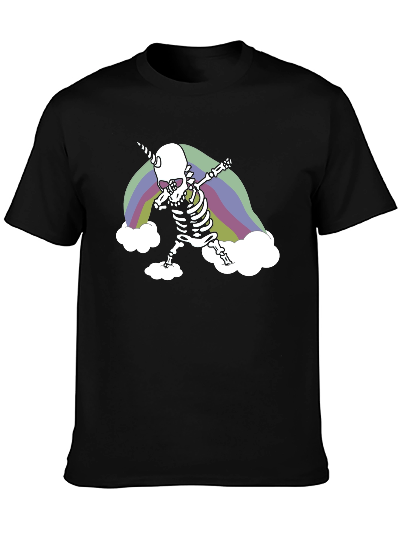Black Dabbing Skeleton Unicorn Rainbow Graphic Tee view 3