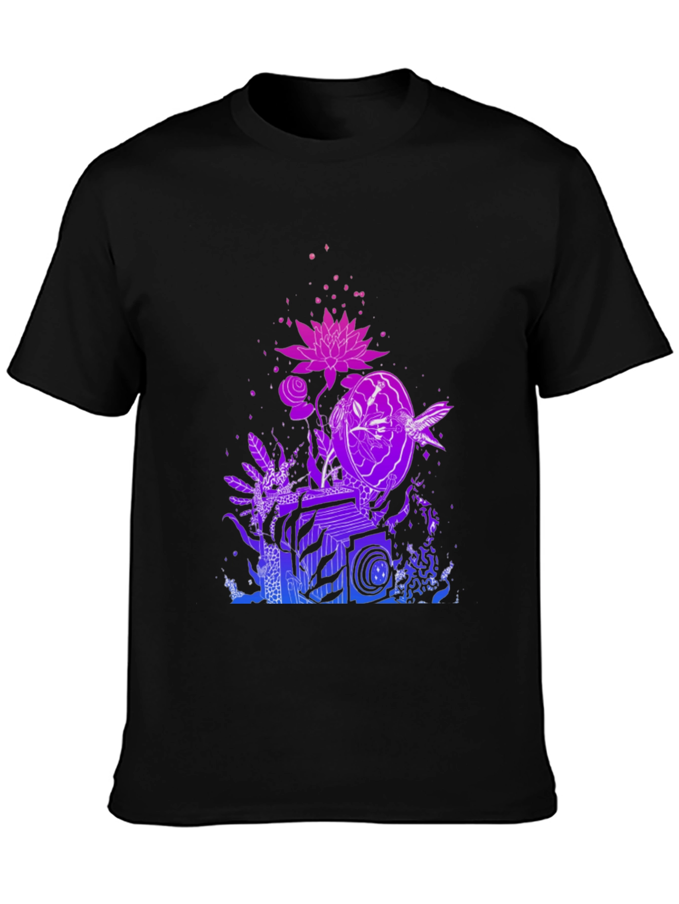 Black Vaporwave Botanical Graphic Tee - Black Cotton Blend view 3
