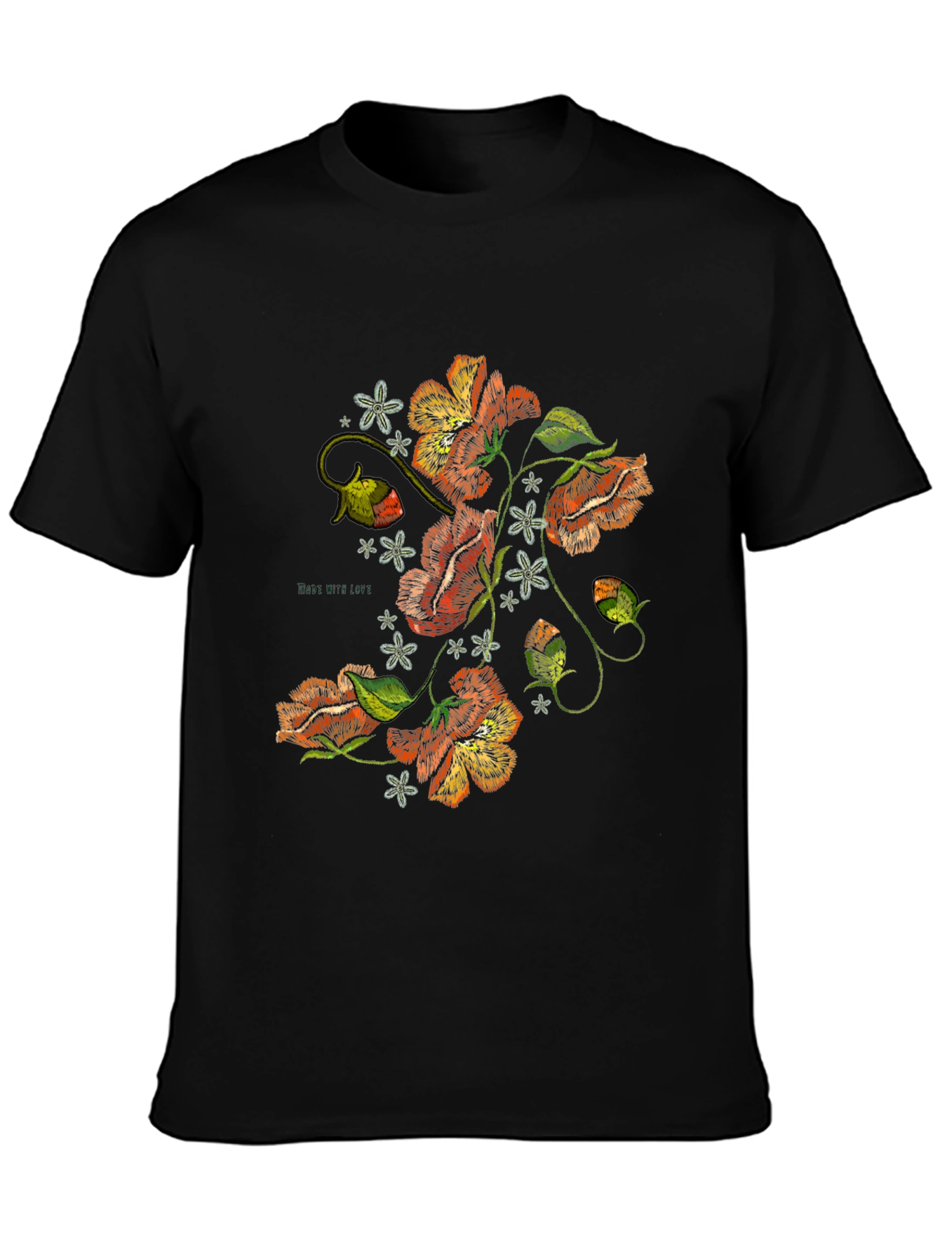 Black Floral Embroidered Graphic Black T-Shirt view 3