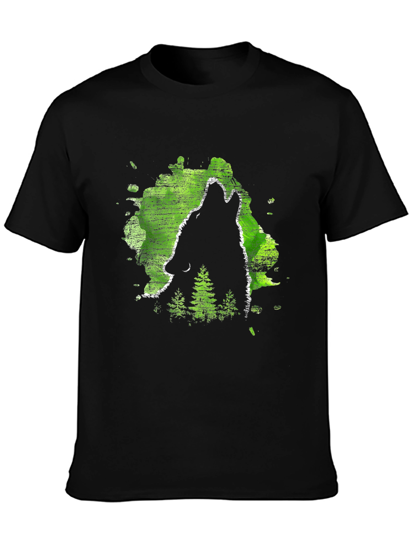Black Wolf Howl Black T-Shirt, Green Forest Design view 3