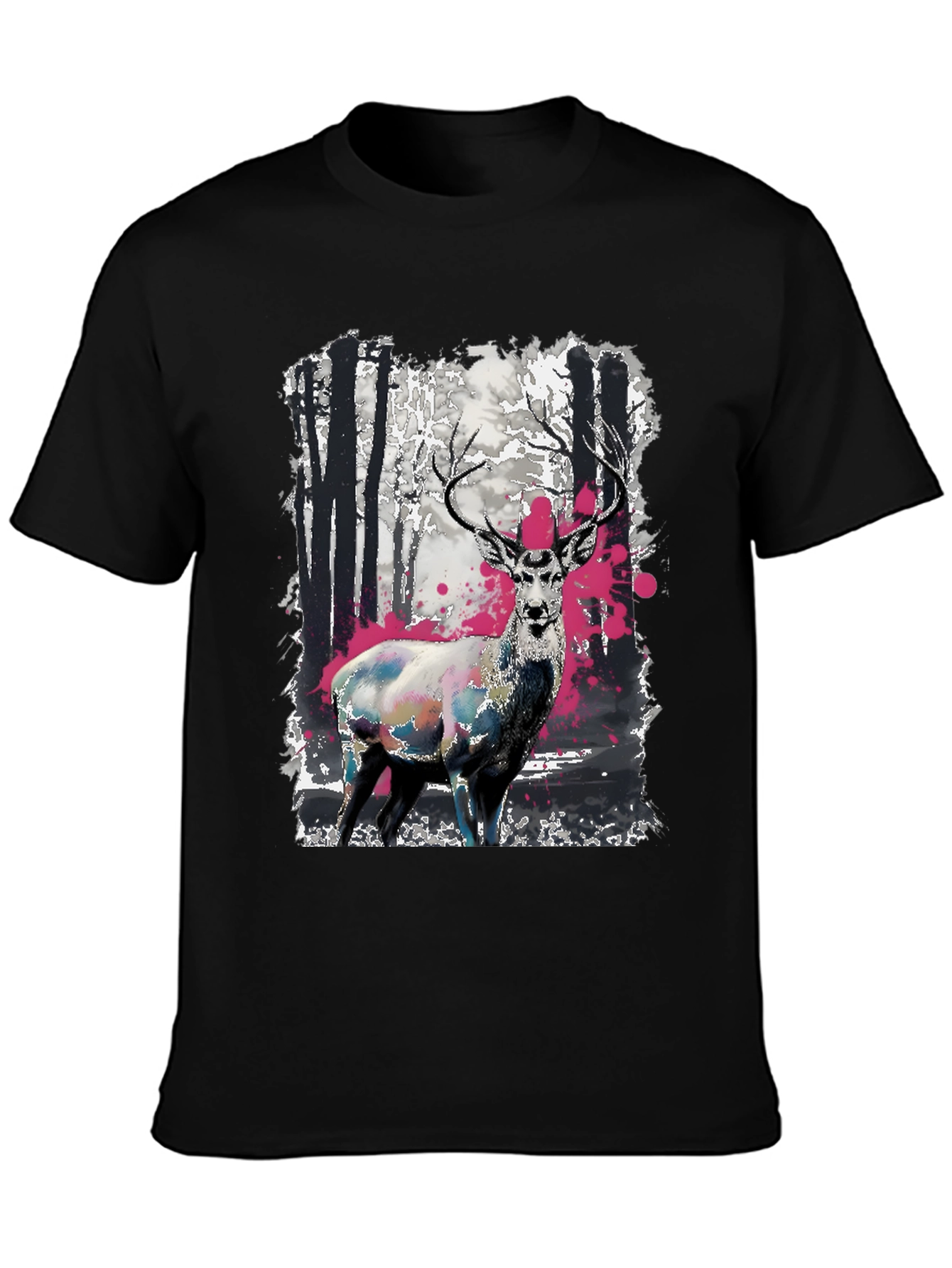 Black Deer in Forest Graphic Print Black T-Shirt view 3