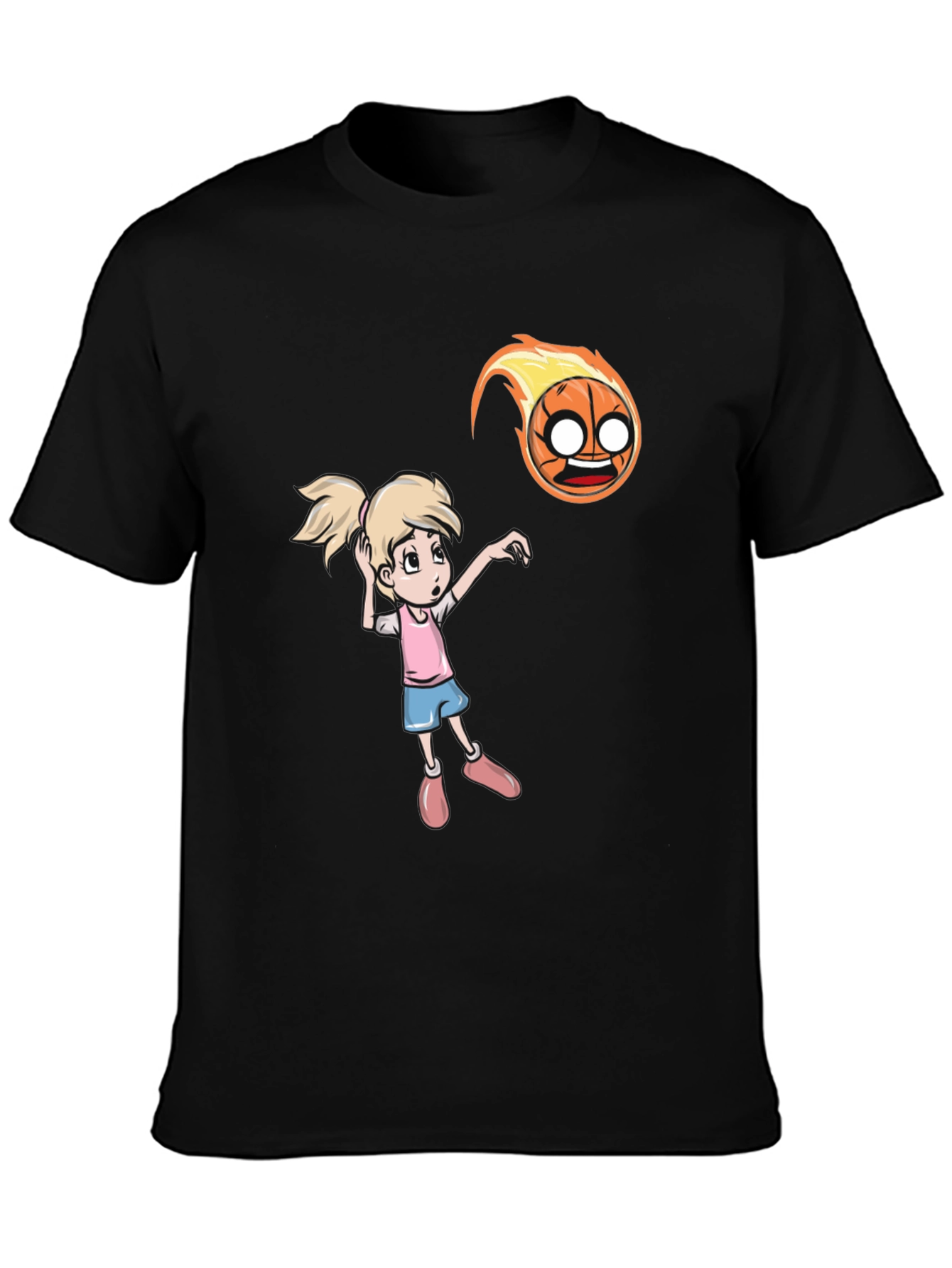Black Cartoon Girl vs Flaming Basketball T-Shirt view 3