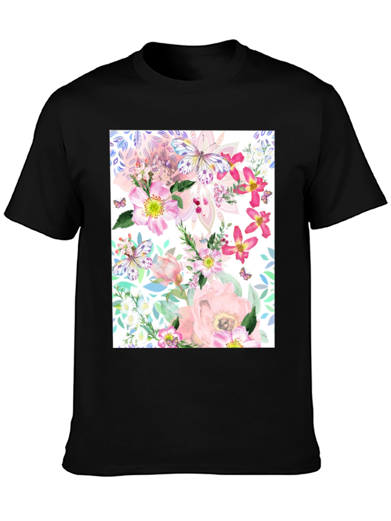Black Floral Butterfly Print Black T-Shirt view 3