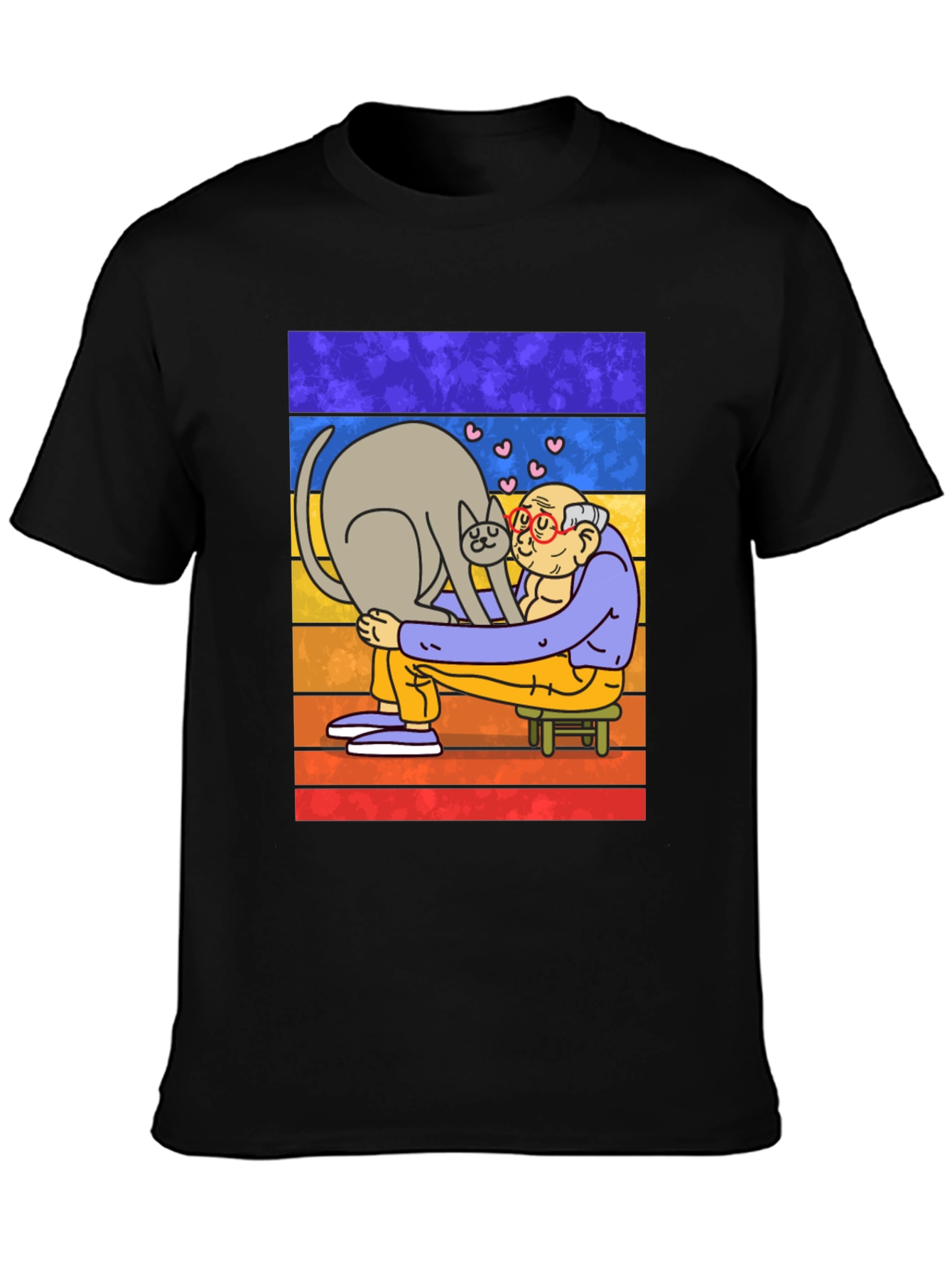 Black Cat Lover T-Shirt - Cartoon Grandpa Hugging Cat view 3