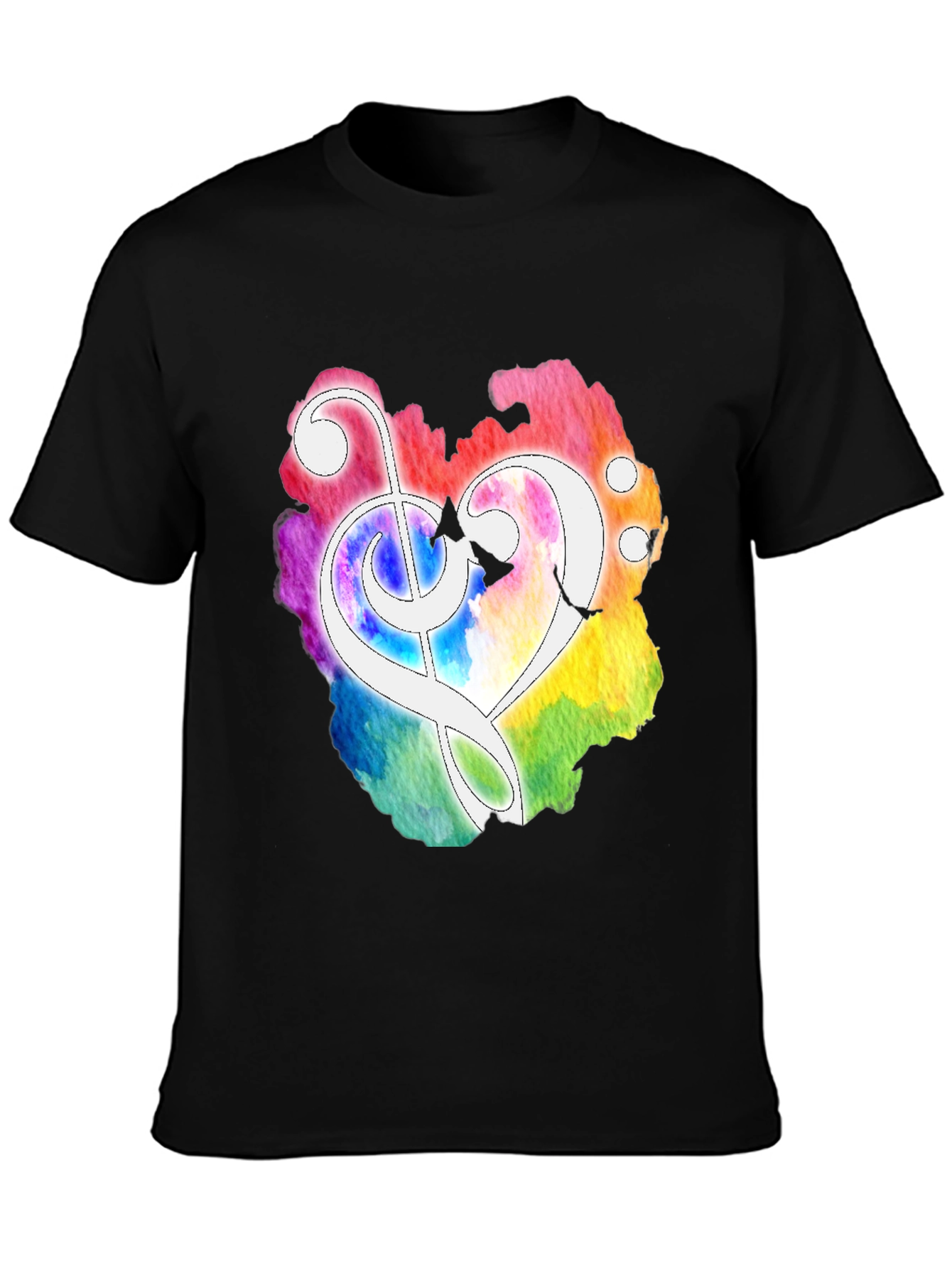 Black Watercolor Heart Treble Clef Black T-Shirt view 3