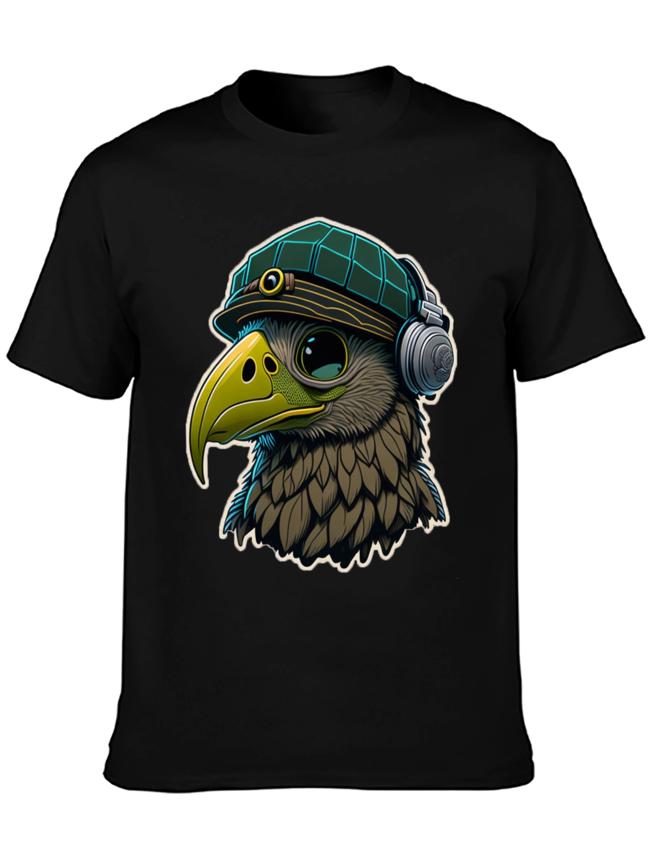 Black Cool Bird in Hat & Headphones Graphic Tee view 3