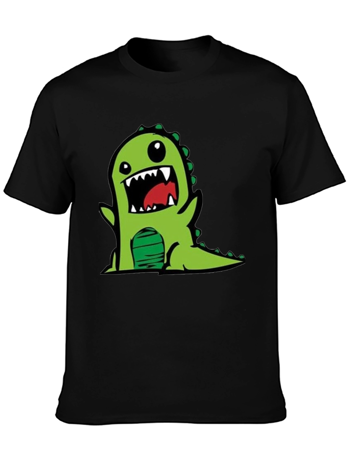 Black Cartoon Dinosaur Graphic Tee - Black Cotton T-Shirt view 3
