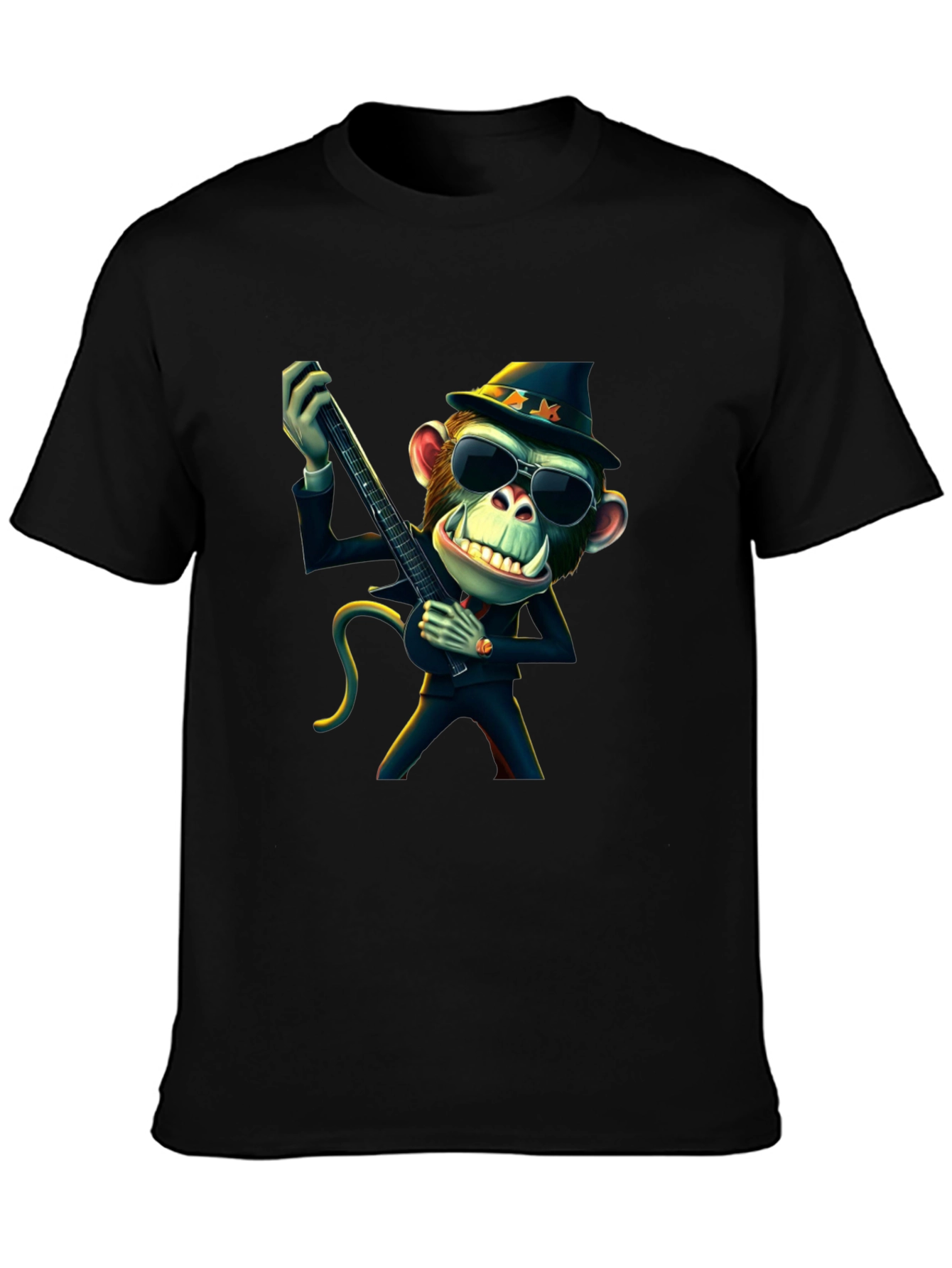 Black Cool Monkey Guitarist Black T-Shirt view 3