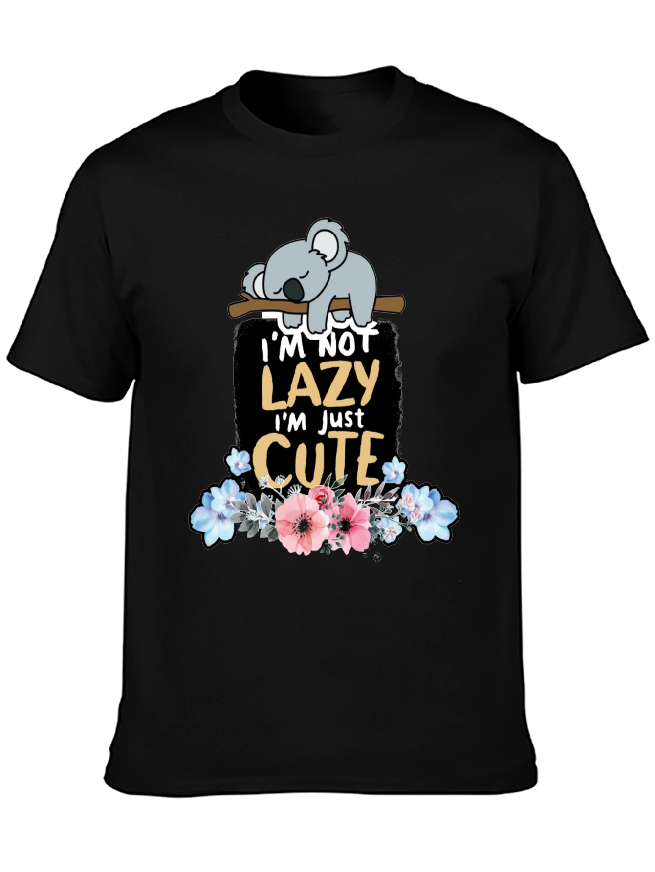 Black Lazy Koala T-Shirt: Cute Floral Design view 3