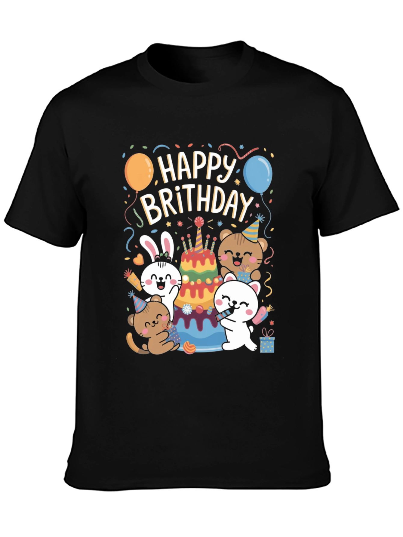 Black Happy Brithday T-Shirt With Cute Animal Graphics view 3