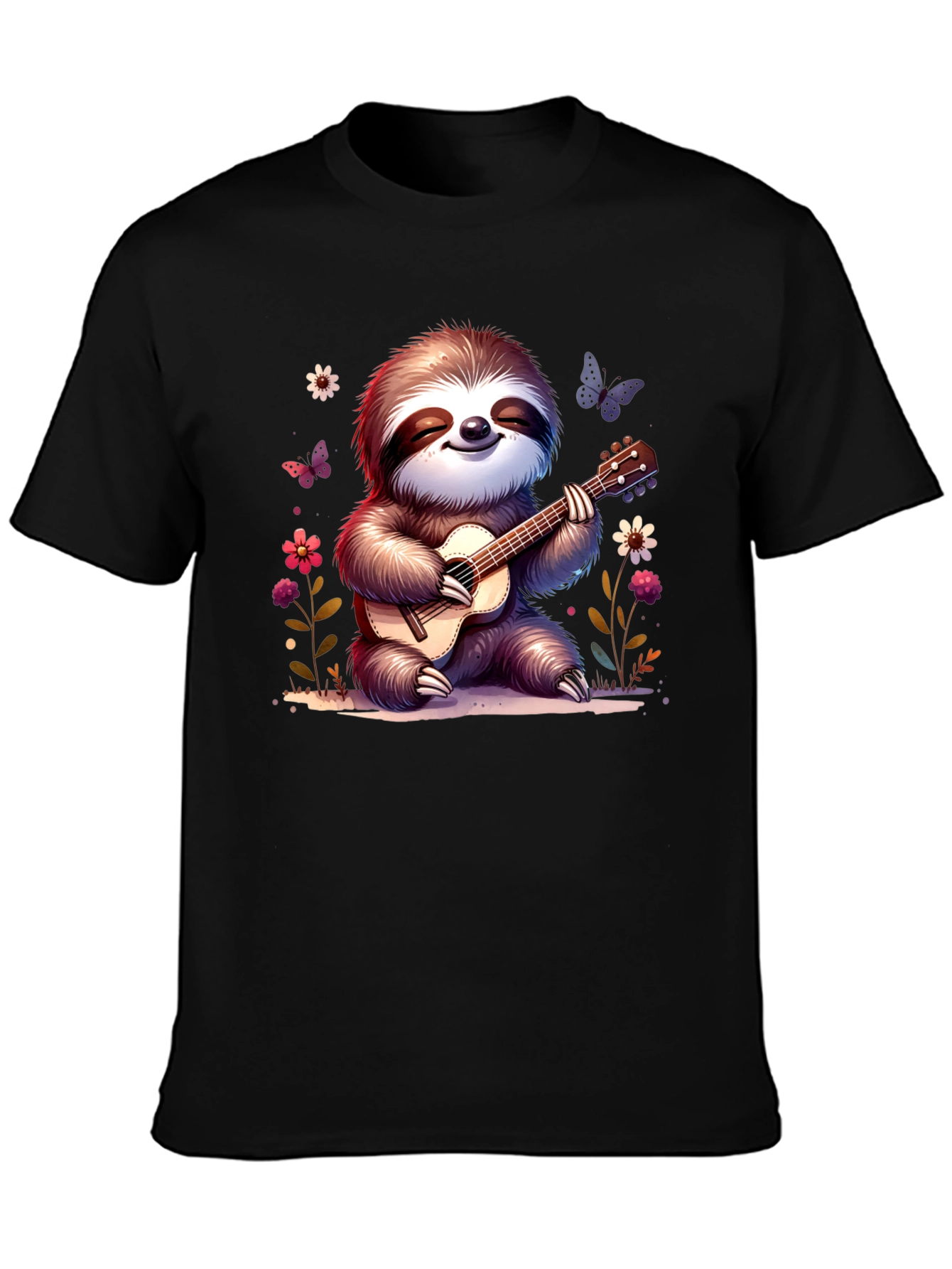 Black Cute Sloth Guitarist Graphic T-Shirt view 3