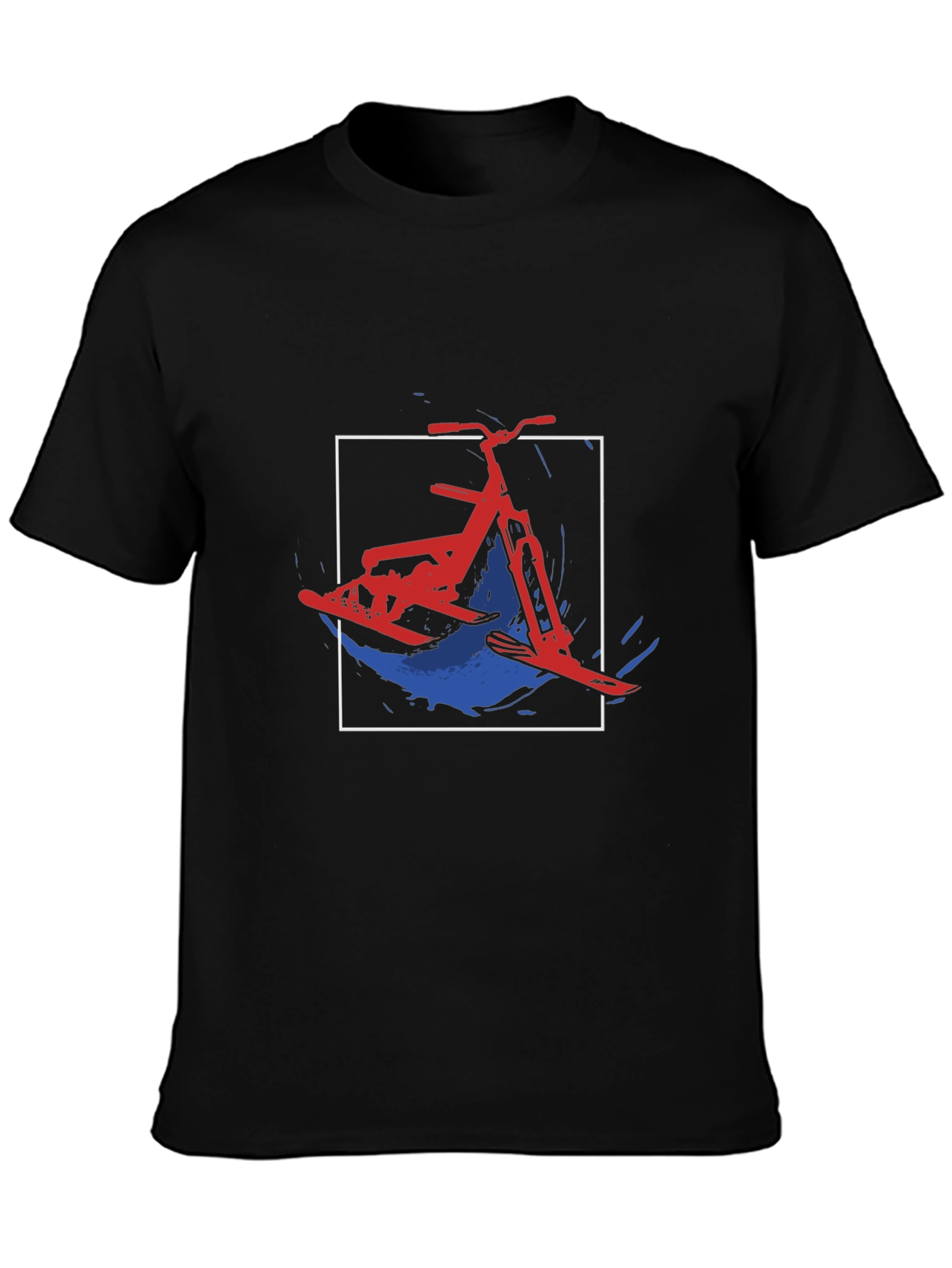 Black Snow Bike T-Shirt: Red, White and Blue Design view 3