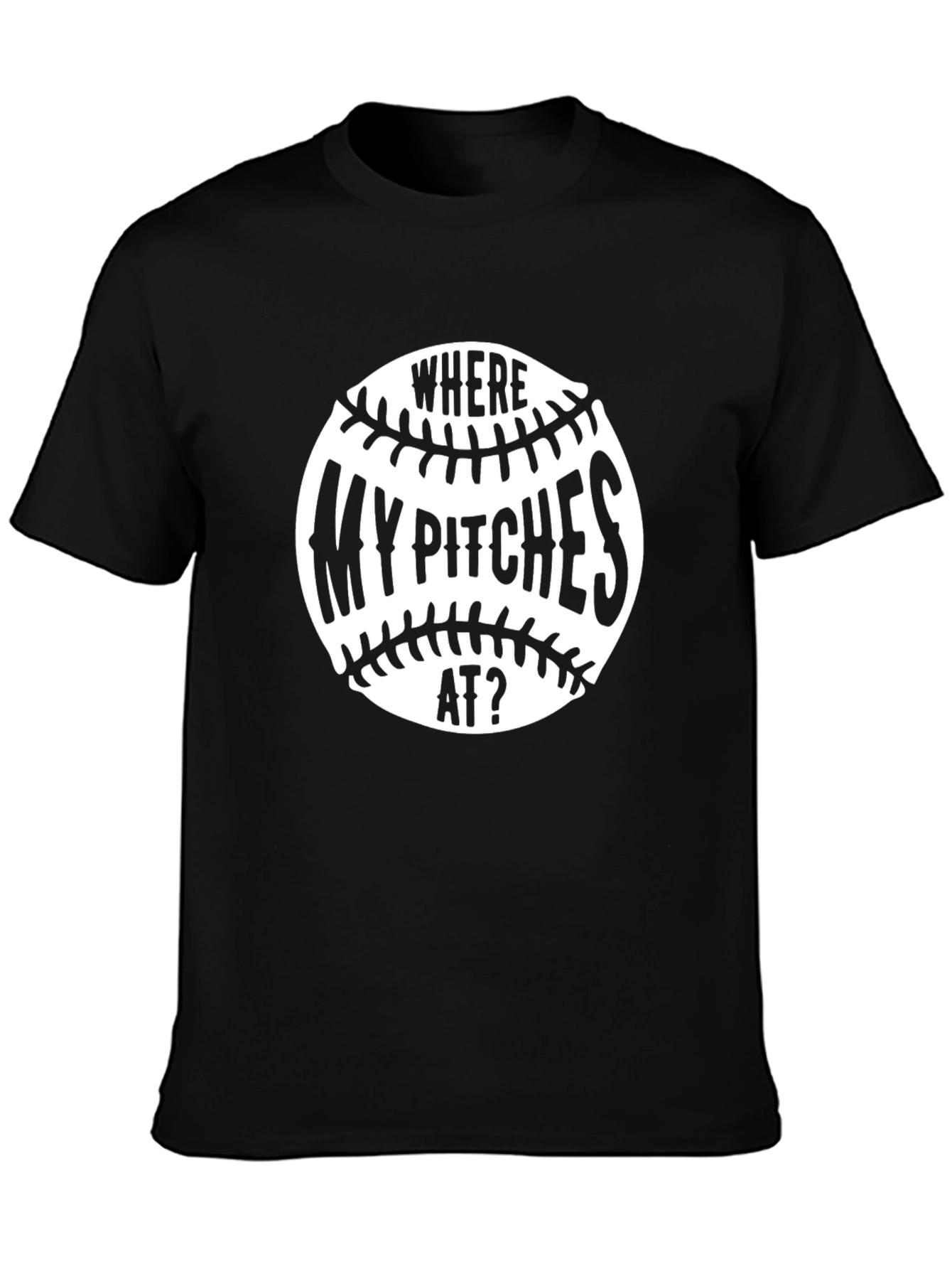 Black Funny Baseball T-Shirt - Where My Pitches At? view 3