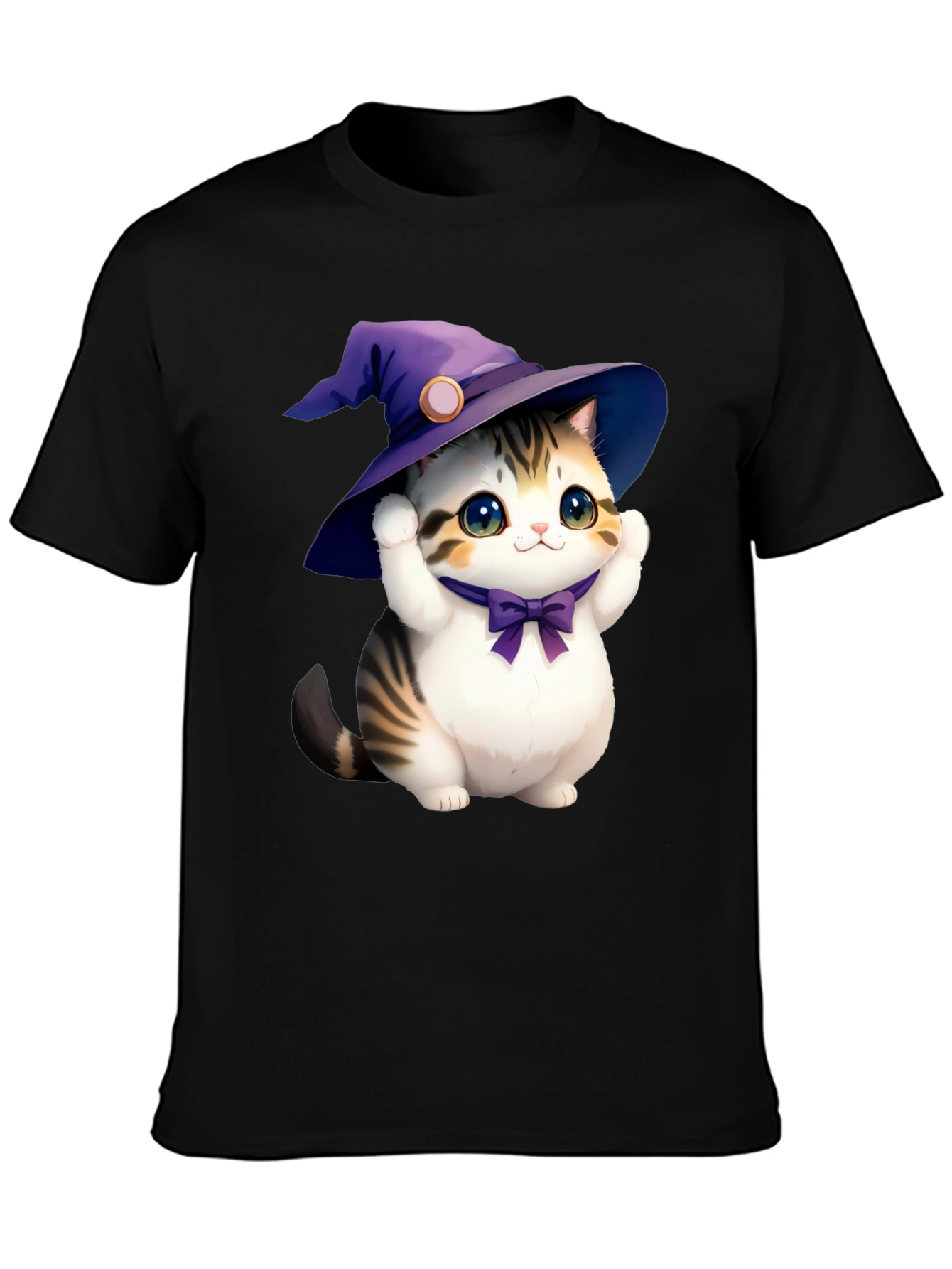Black Cute Cat in Witch Hat Graphic Tee - Black view 3