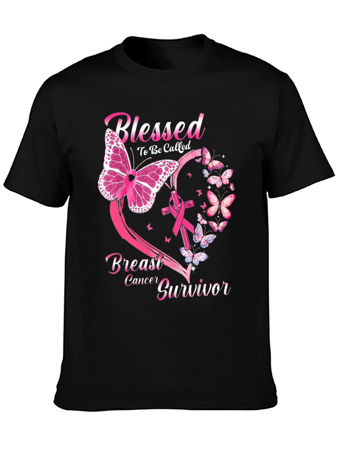 Black Breast Cancer Survivor Butterfly T-Shirt view 3