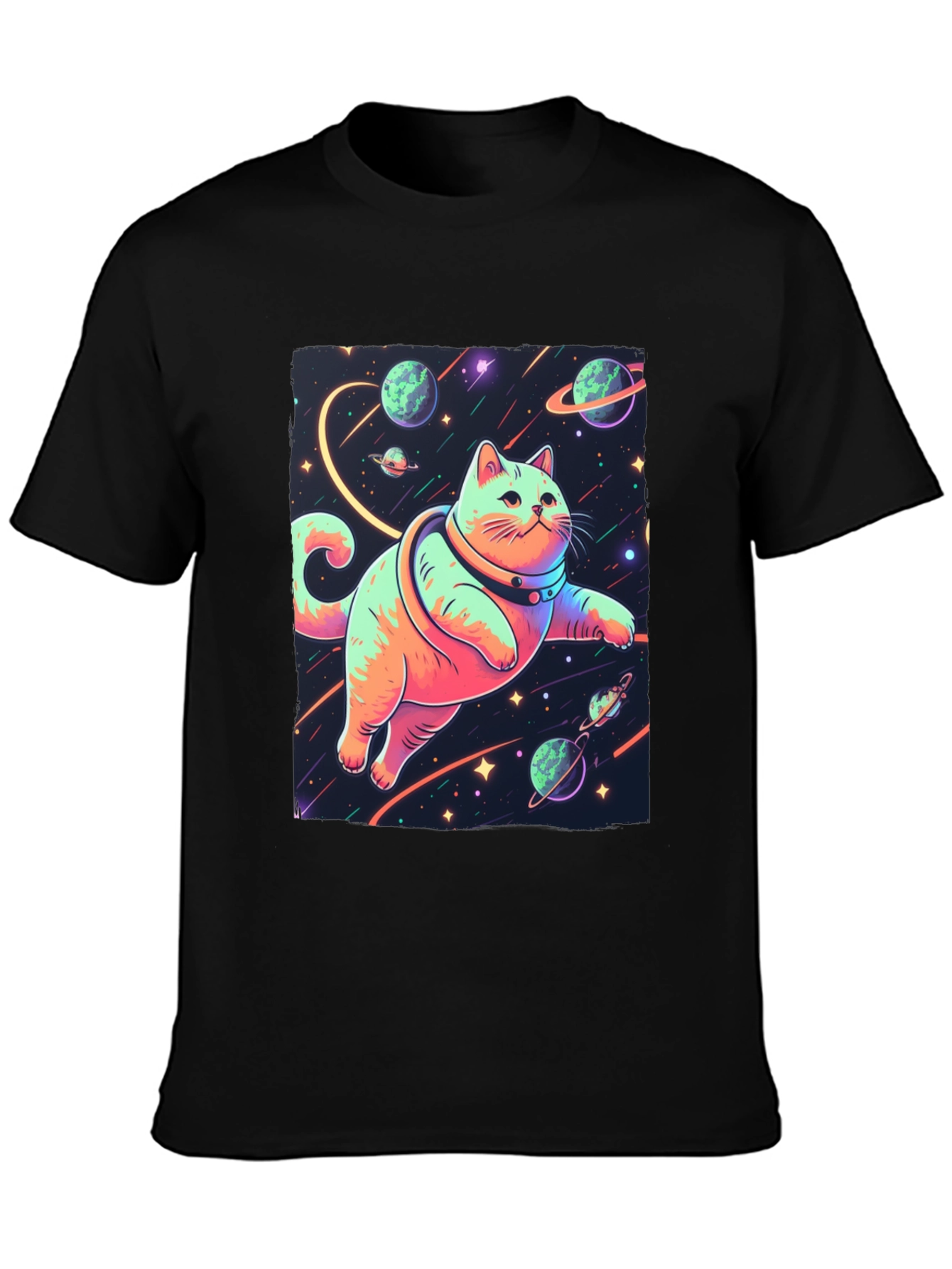Black Cosmic Cat T-Shirt - Space Adventure Tee view 3