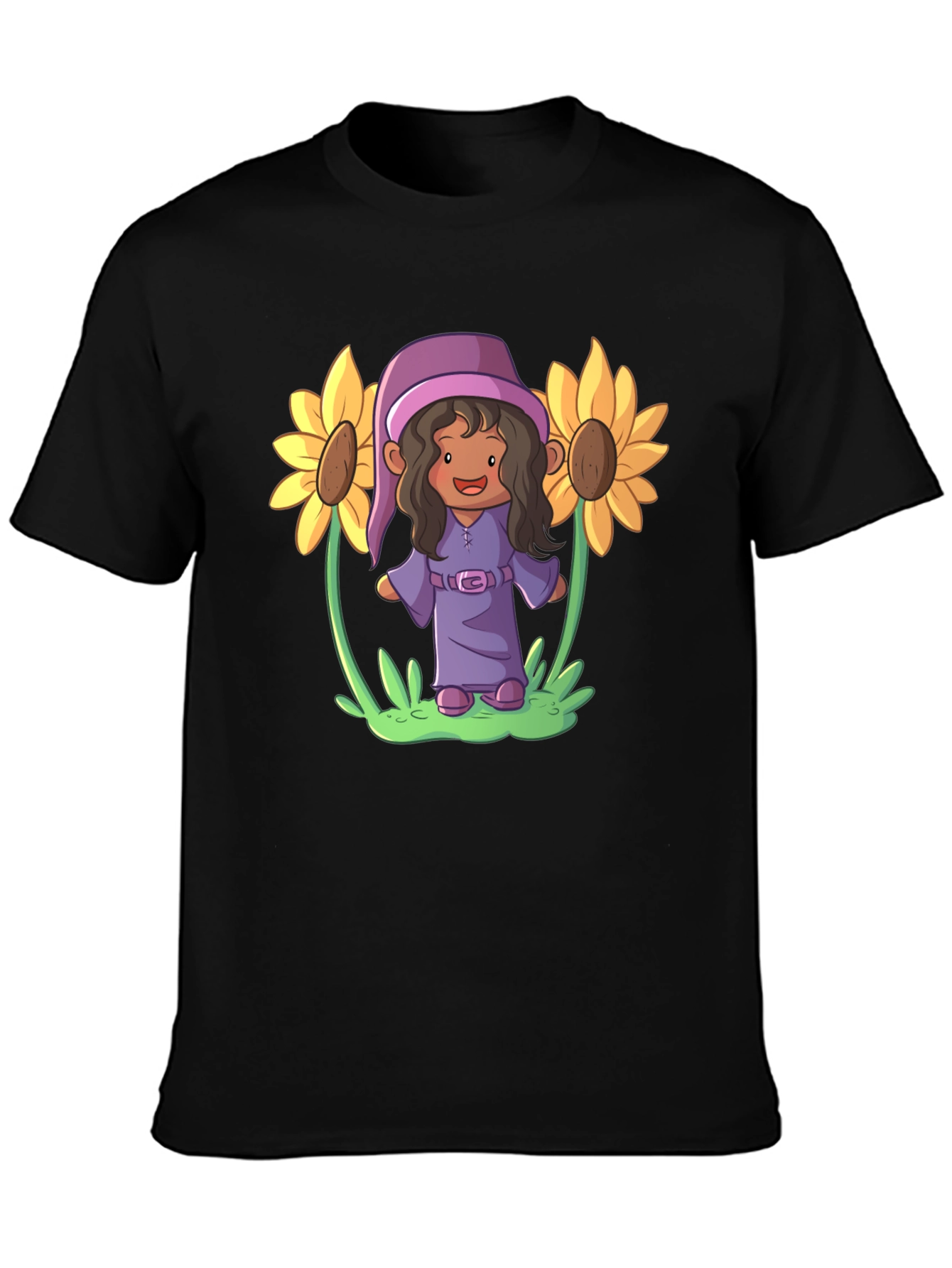 Black Sunflower Gnome Graphic Tee - Black Cotton Blend view 3