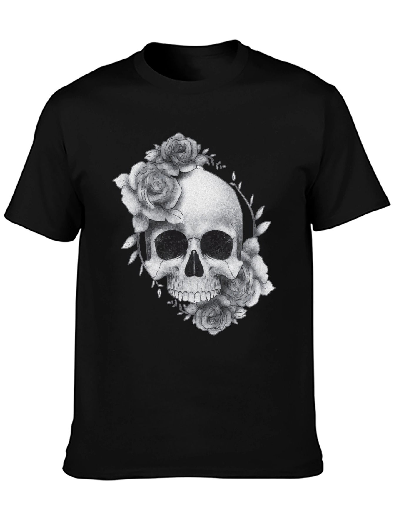 Black Skull & Roses Graphic Tee - Black Casual T-Shirt view 3