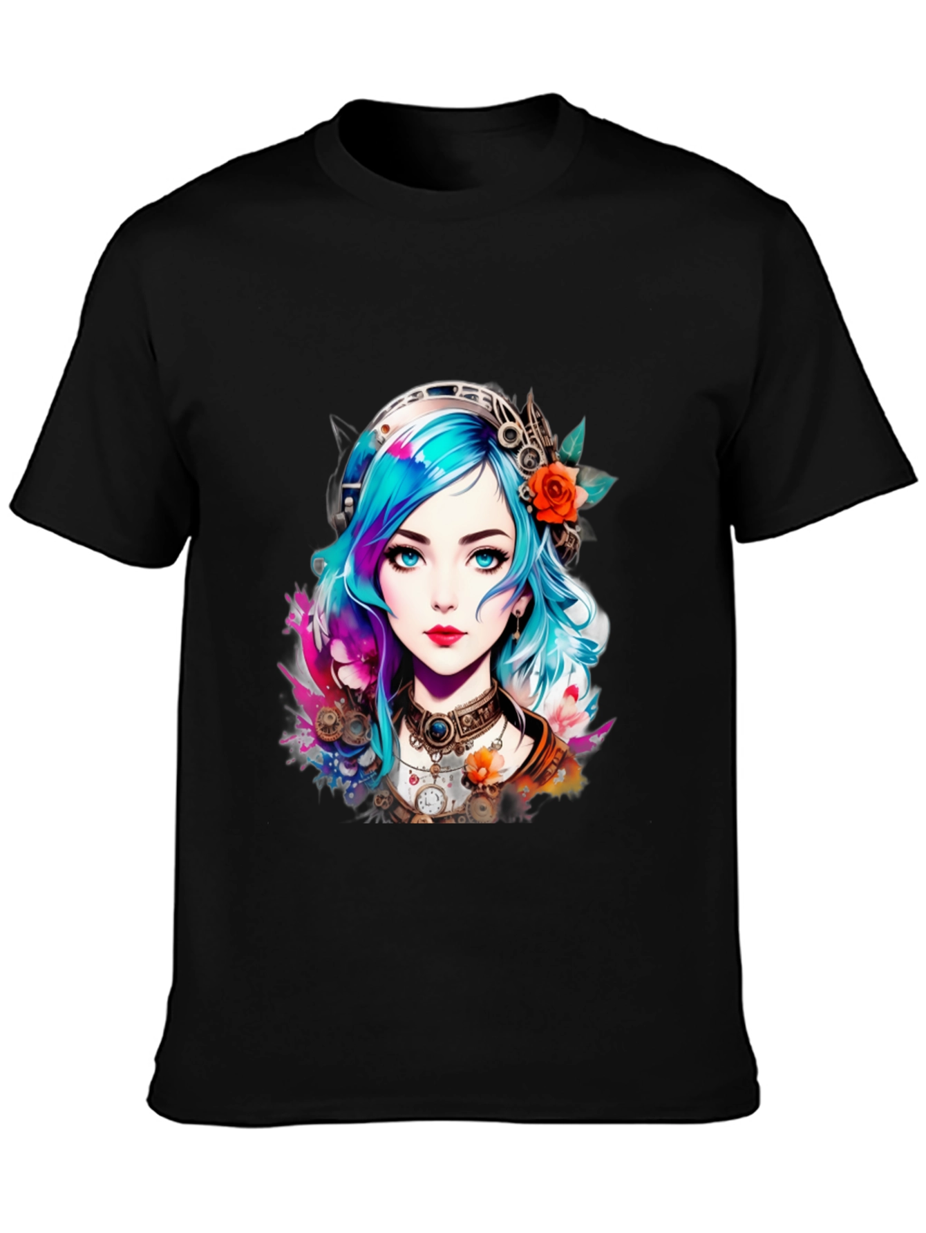 Black Steampunk Anime Girl Graphic Tee view 3