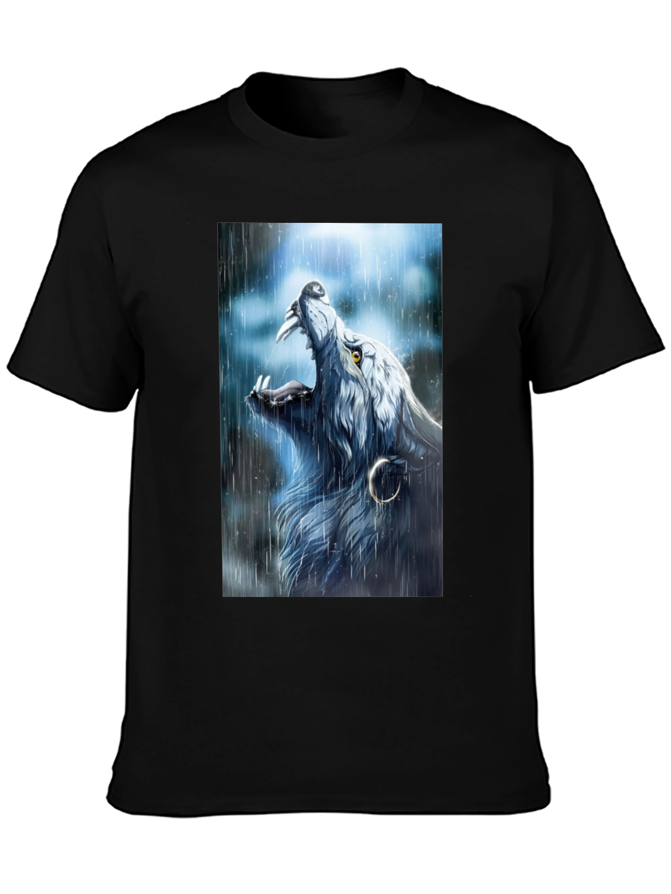 Black Wolf Howling in Rain Graphic Black T-Shirt view 3