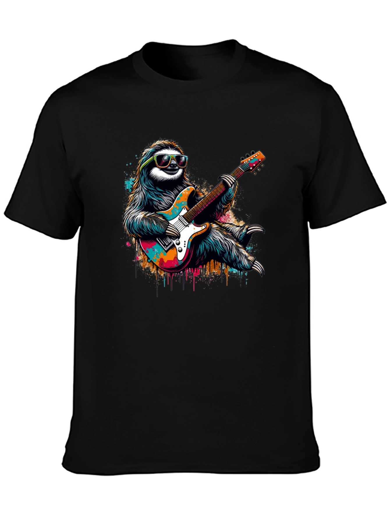 Black Cool Sloth Guitar Player Graphic Tee - Black view 3