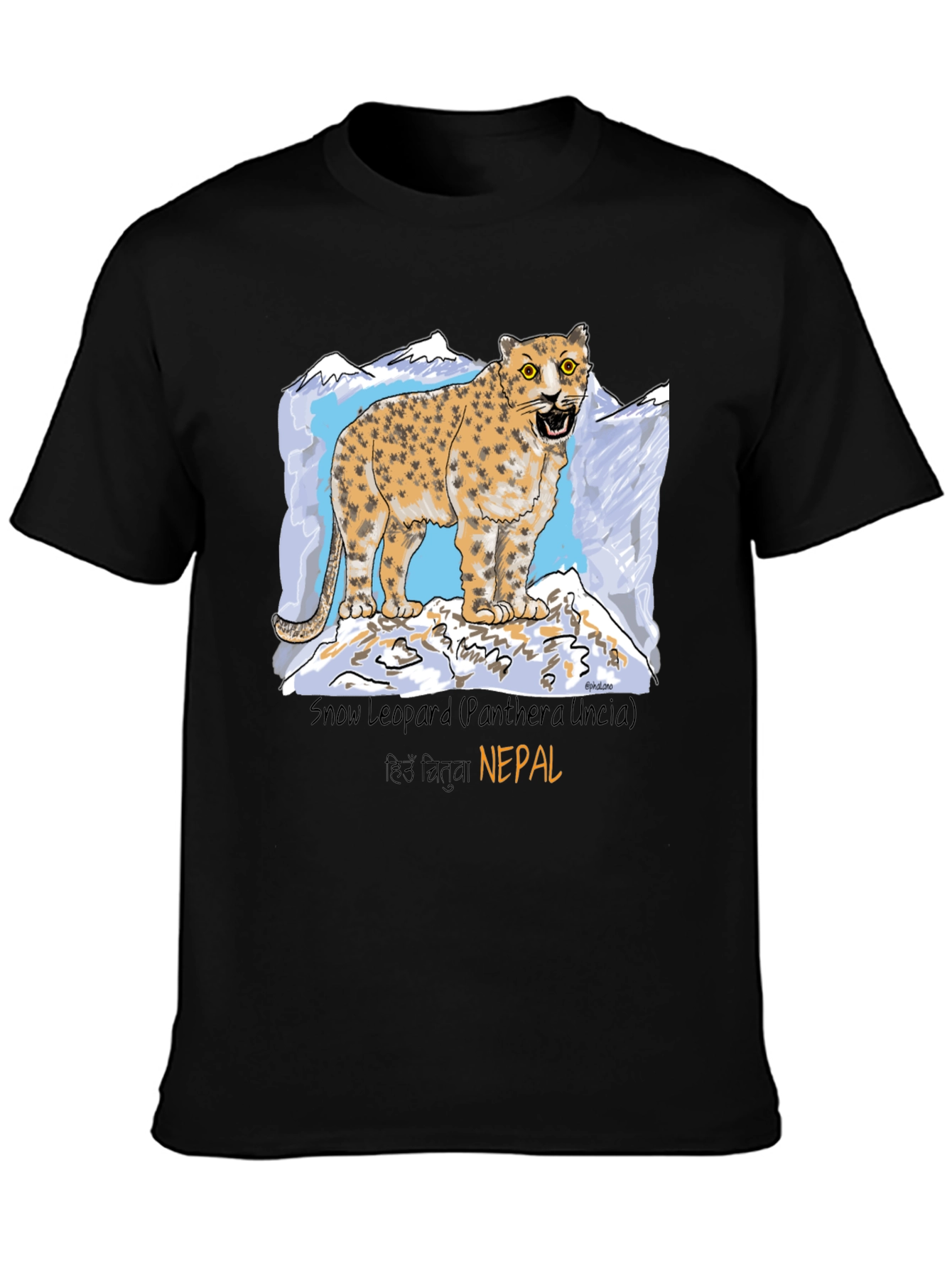 Black Snow Leopard Graphic Tee - Nepal Wildlife Shirt view 3