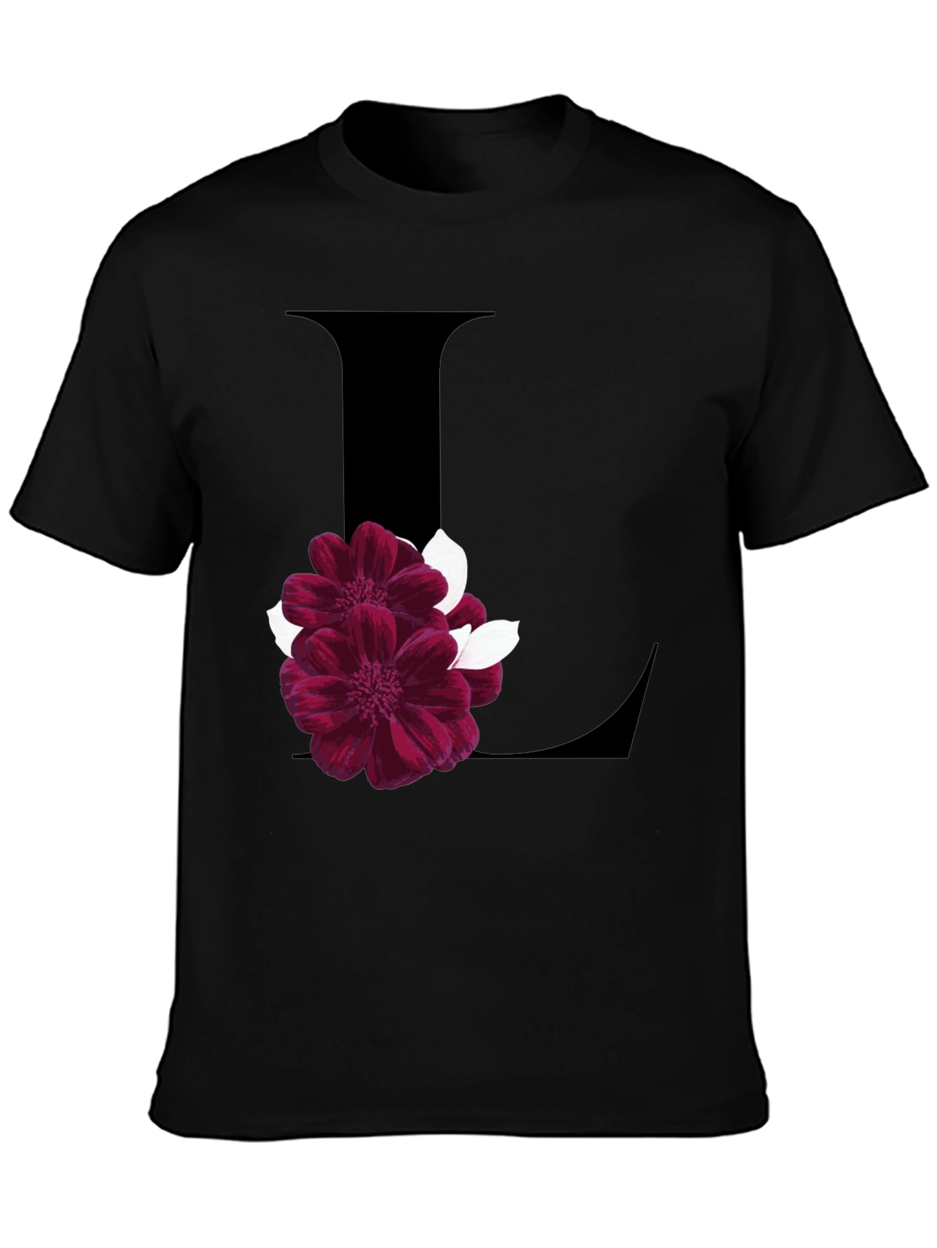 Black Floral Letter L Black T-Shirt view 3
