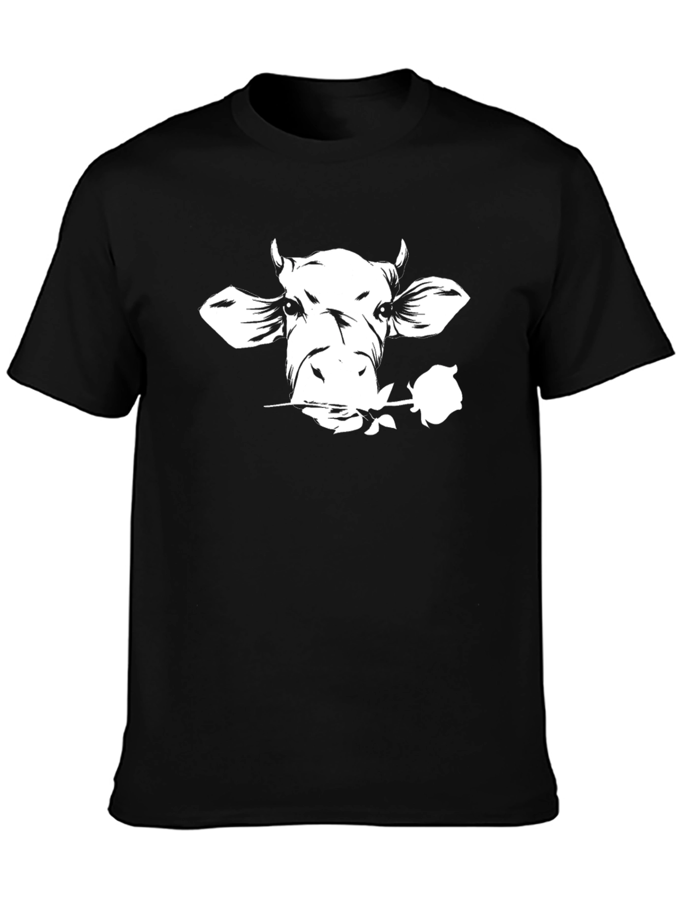 Black Cow with Rose Graphic Tee - Black Unisex T-Shirt view 3