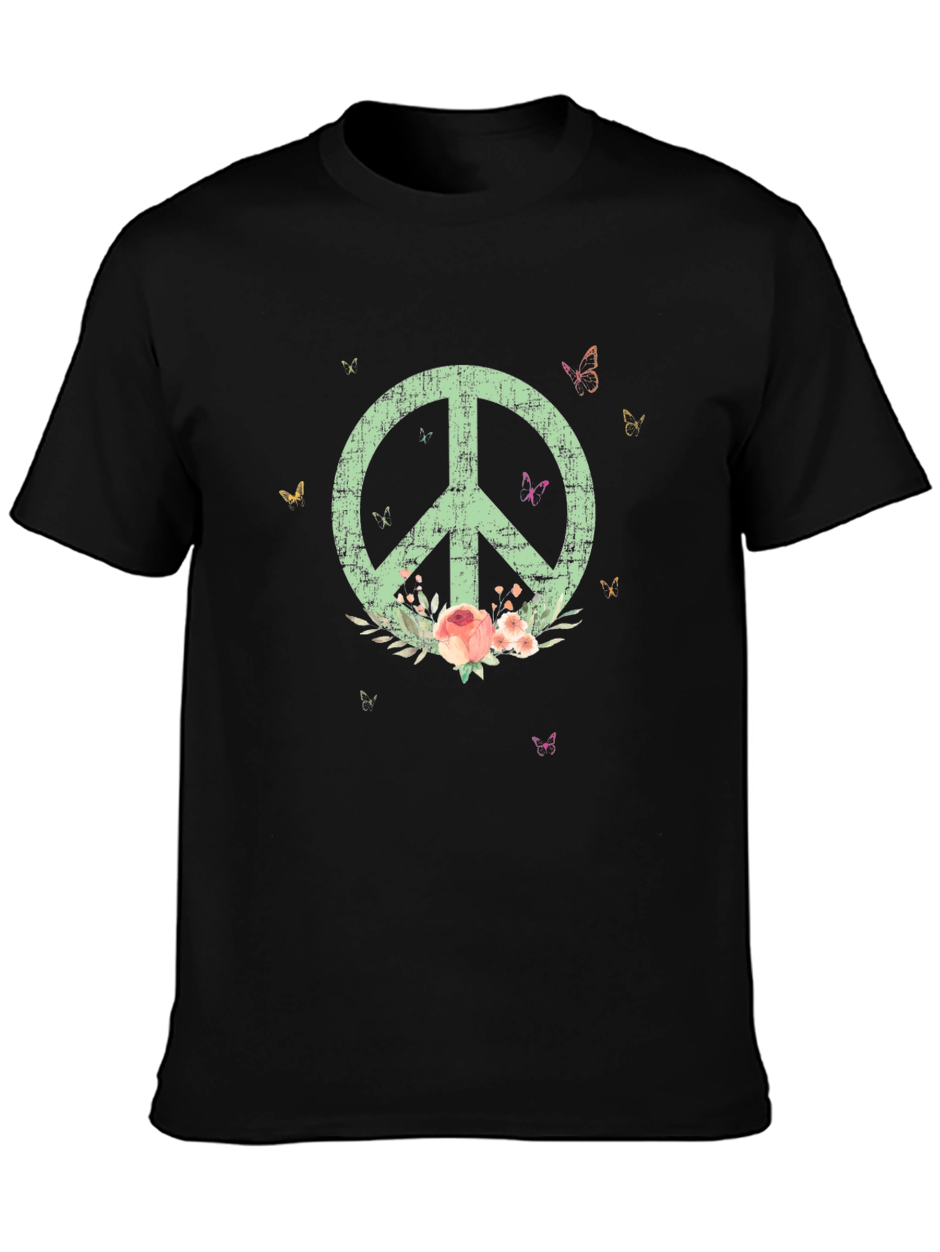 Black Peace Sign T-Shirt with Floral Accents - Stylish & Unique view 3