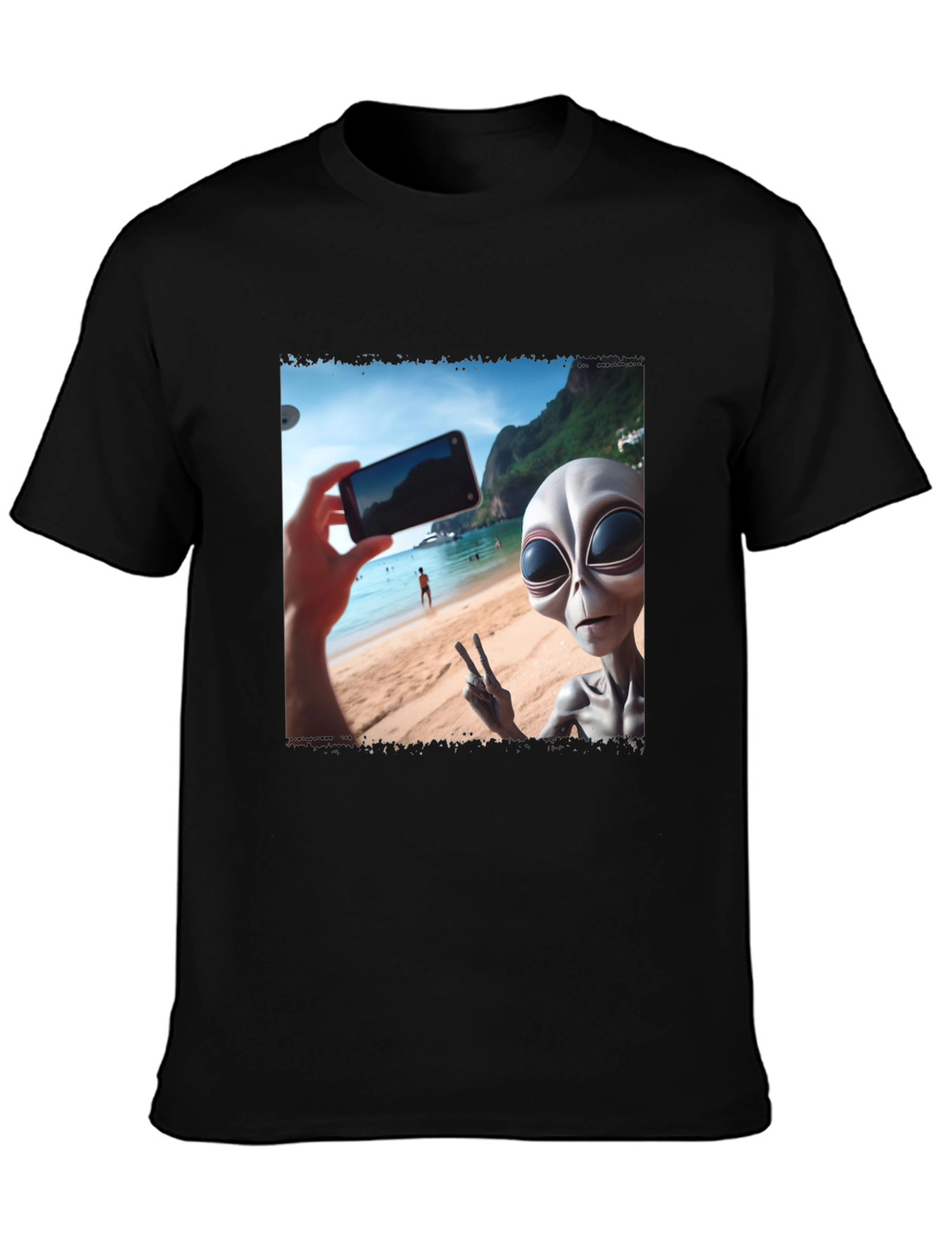 Black Alien Selfie T-Shirt - Beach Vacation view 3