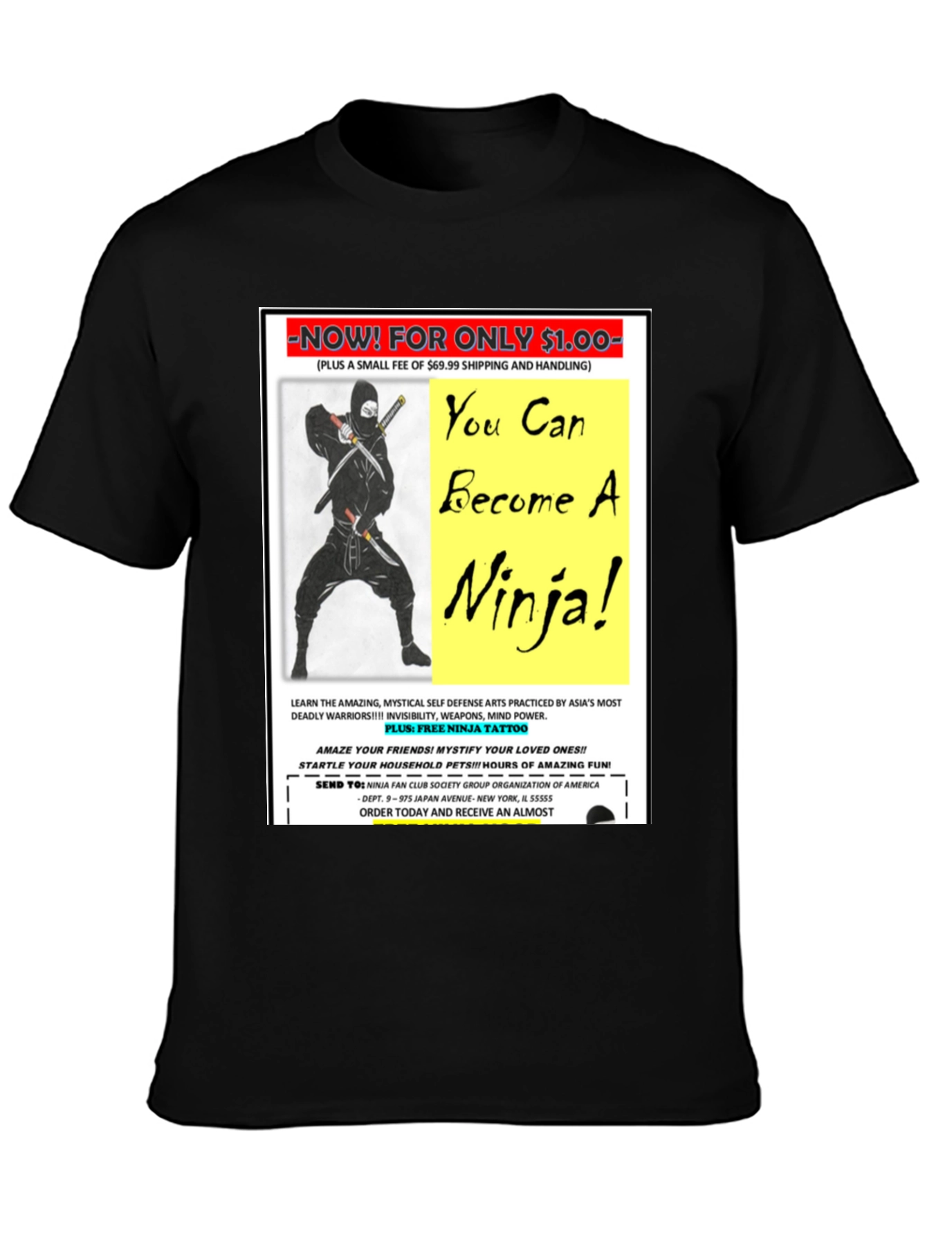 Black Become A Ninja! Novelty Graphic T-Shirt view 3