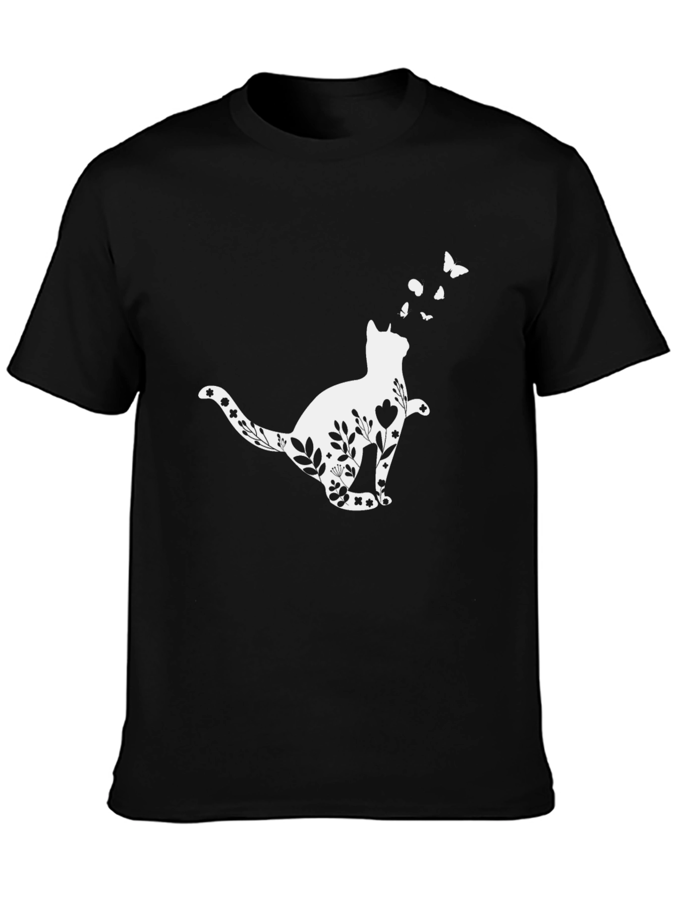 Black Floral Cat T-Shirt - Whimsical Black Tee view 3