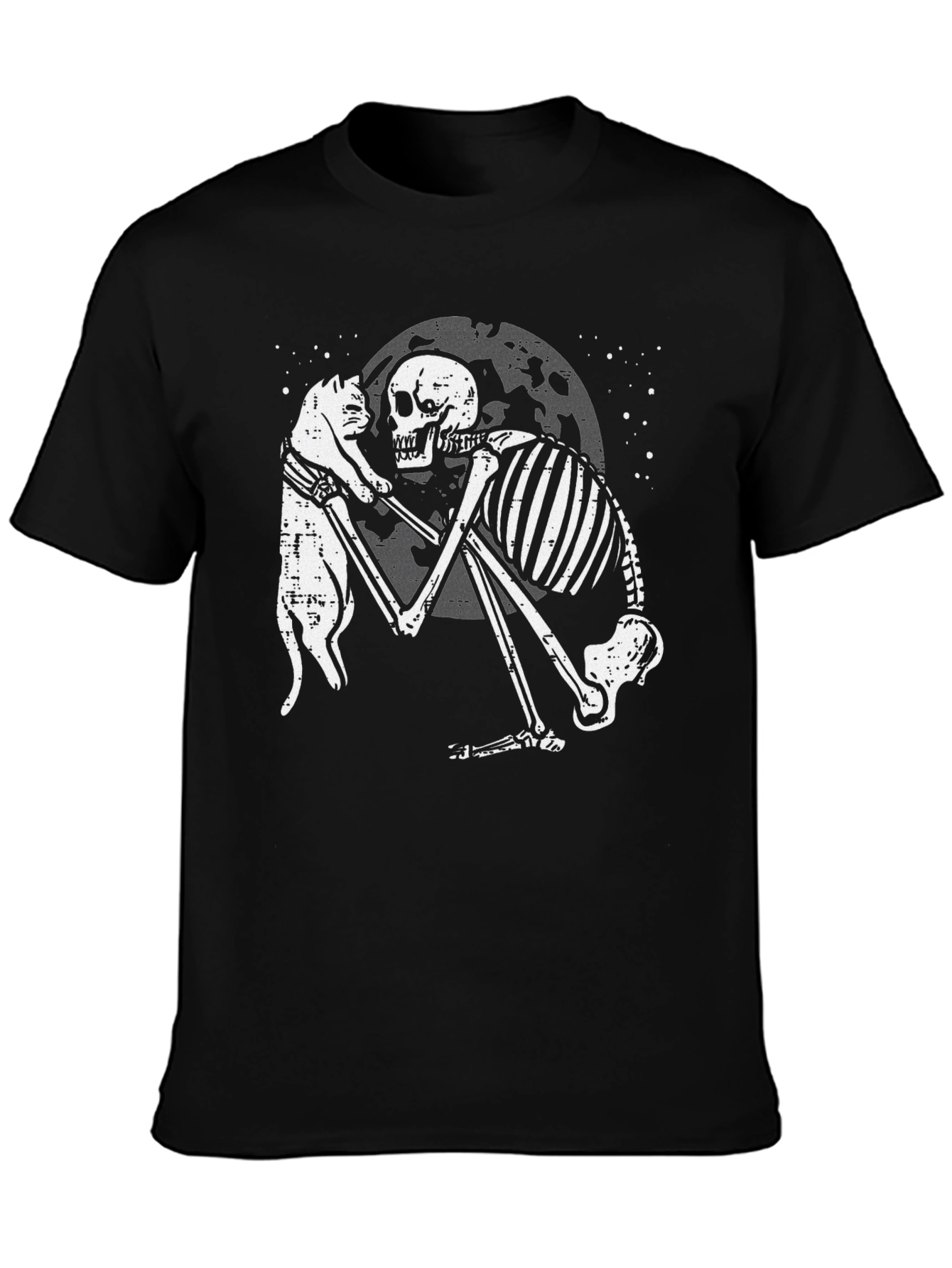 Black Skeleton and Cat Graphic T-Shirt - Dark Humor Tee view 3